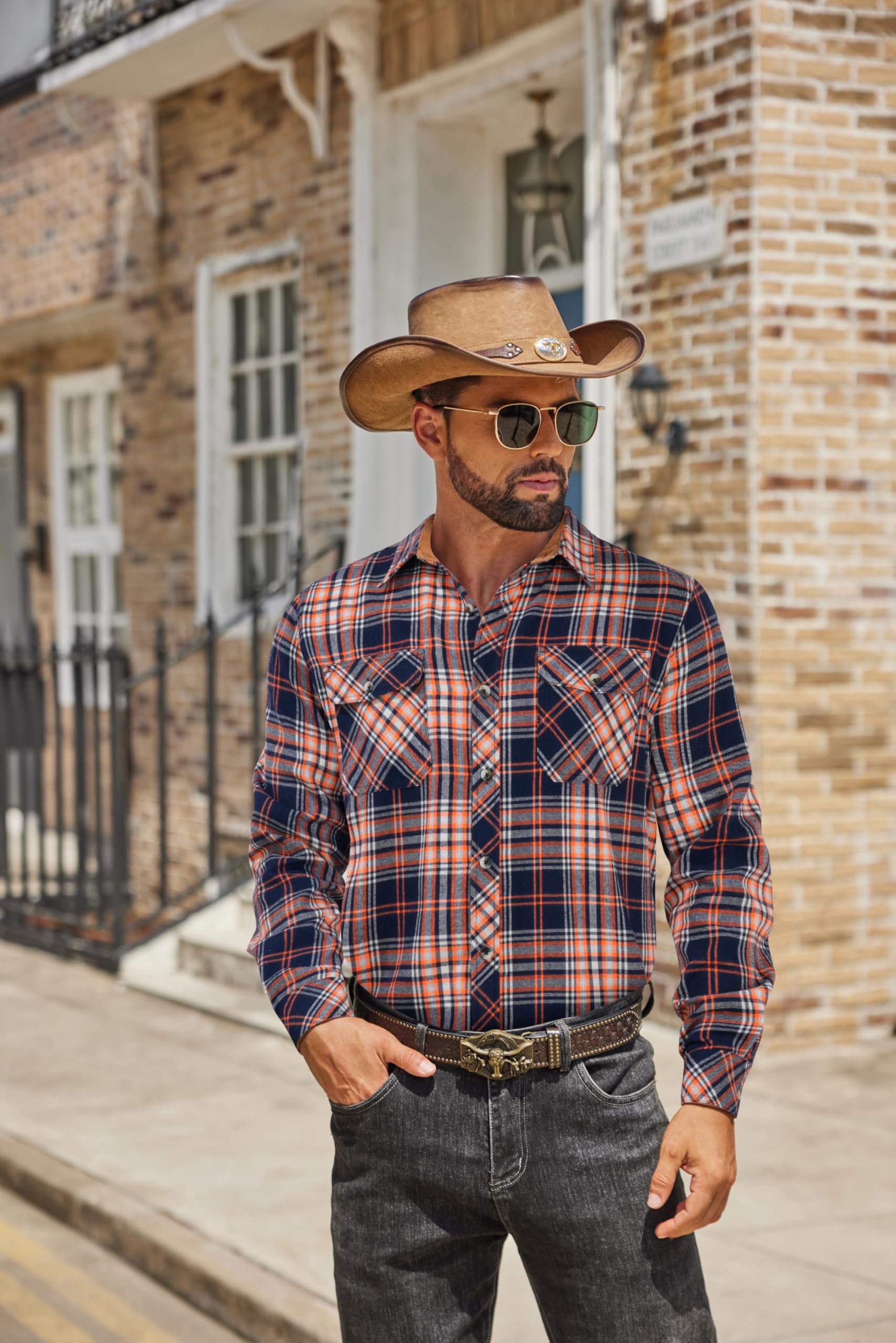 COOFANDY Camicia da uomo autunnale a quadri con bottoni a maniche lunghe casual da lavoro da cowboy camicie in flanella leggera con due tasche