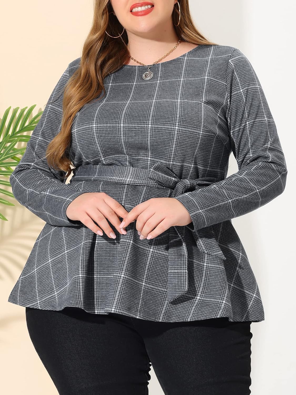 Agnes Orinda Women's Plus Size Peplum Tops Belted Tie Houndstooth Blouse Work Office Long Sleeve Tunic Shirts - Image 4