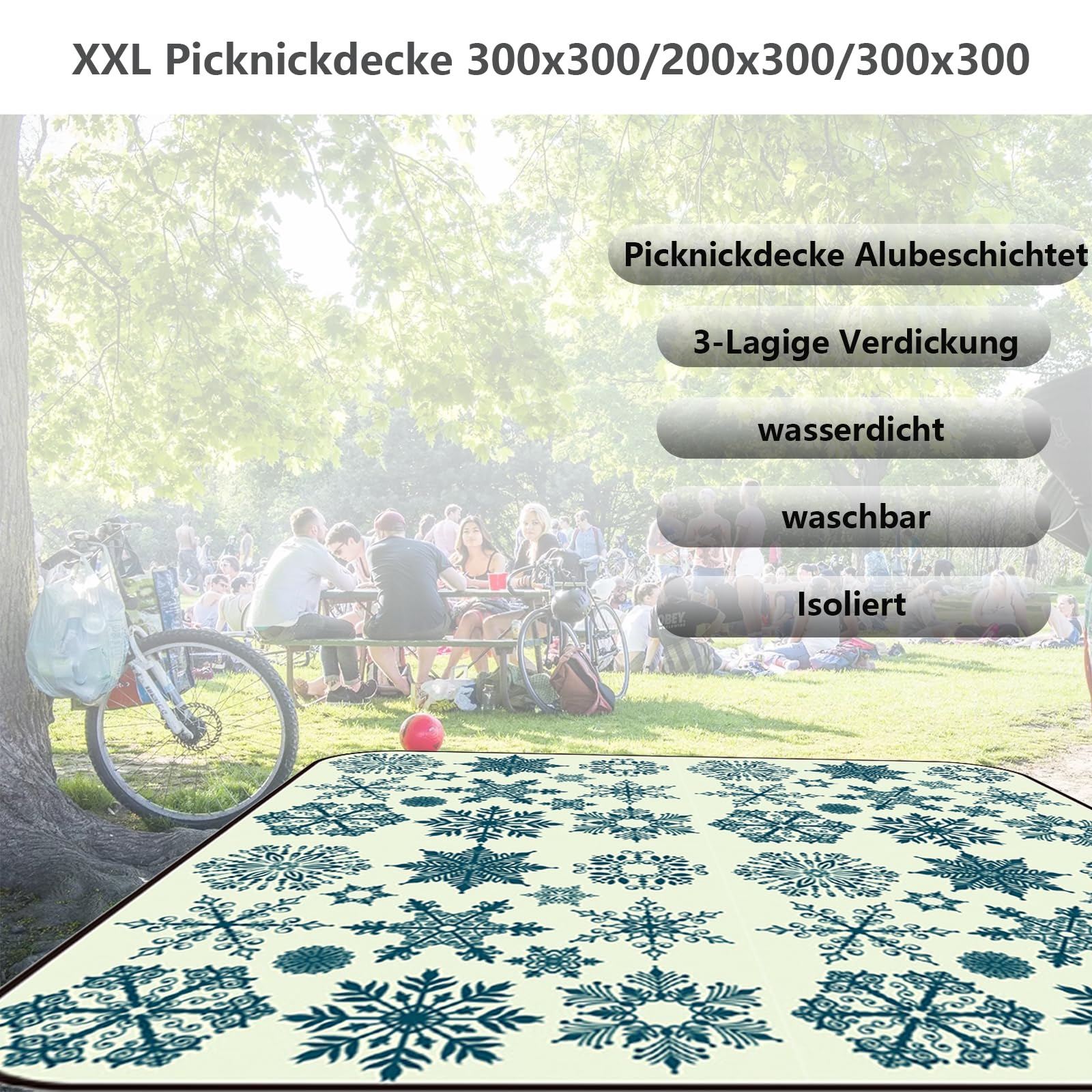 Koc piknikowy, wodoodporny, przenośny koc piknikowy XXL, koc piknikowy, powlekany aluminium, izolowany, zmywalny, gruby koc piknikowy wyściełany na kemping, piknik, wędrówki, grill, A, 300 x