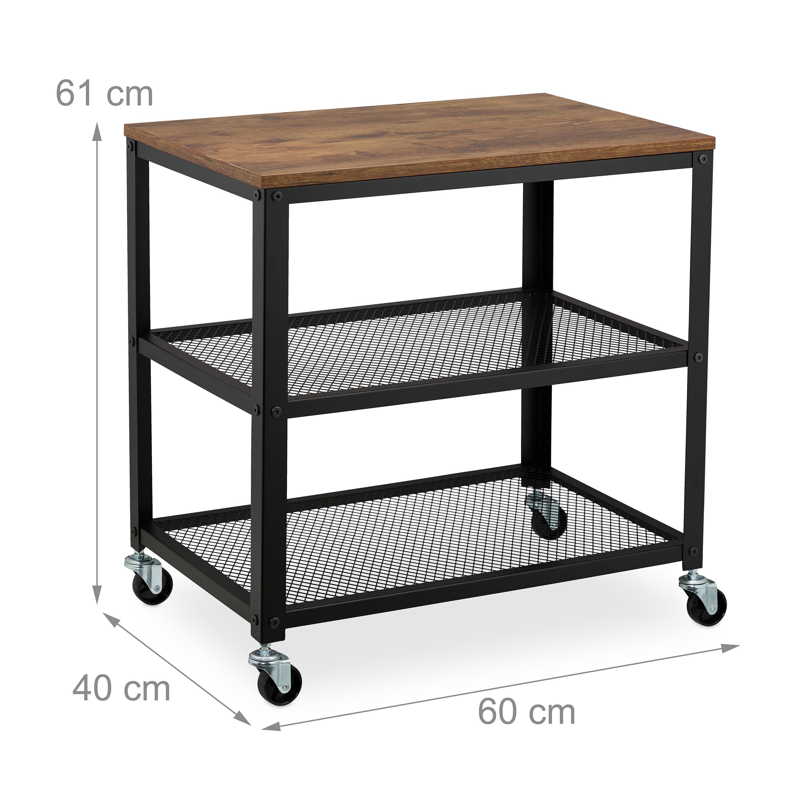 Relaxdays Chariot de Service, 3 Niveaux, Design Industriel, H x L x P : 61 x 60 x 40 cm, roulettes, Noir et Marron