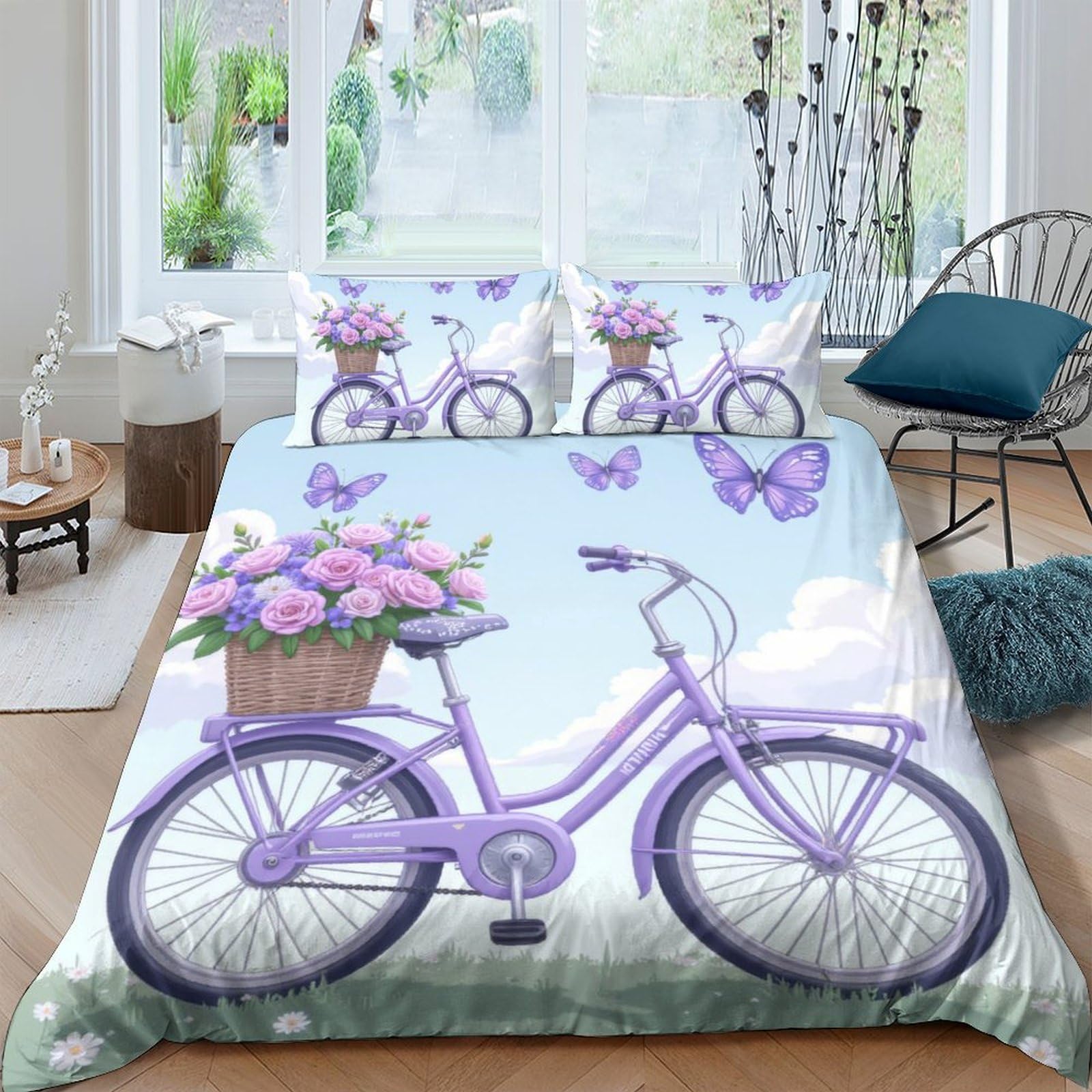 Ctjqhvkz Style-8 3D Printed Purple Bicycle Fitted Sheet Microfiber Soft Decorative Butterfly Flowers Mattress Cover For Bedroom Guest Room Easy Care Single（135X200cm）