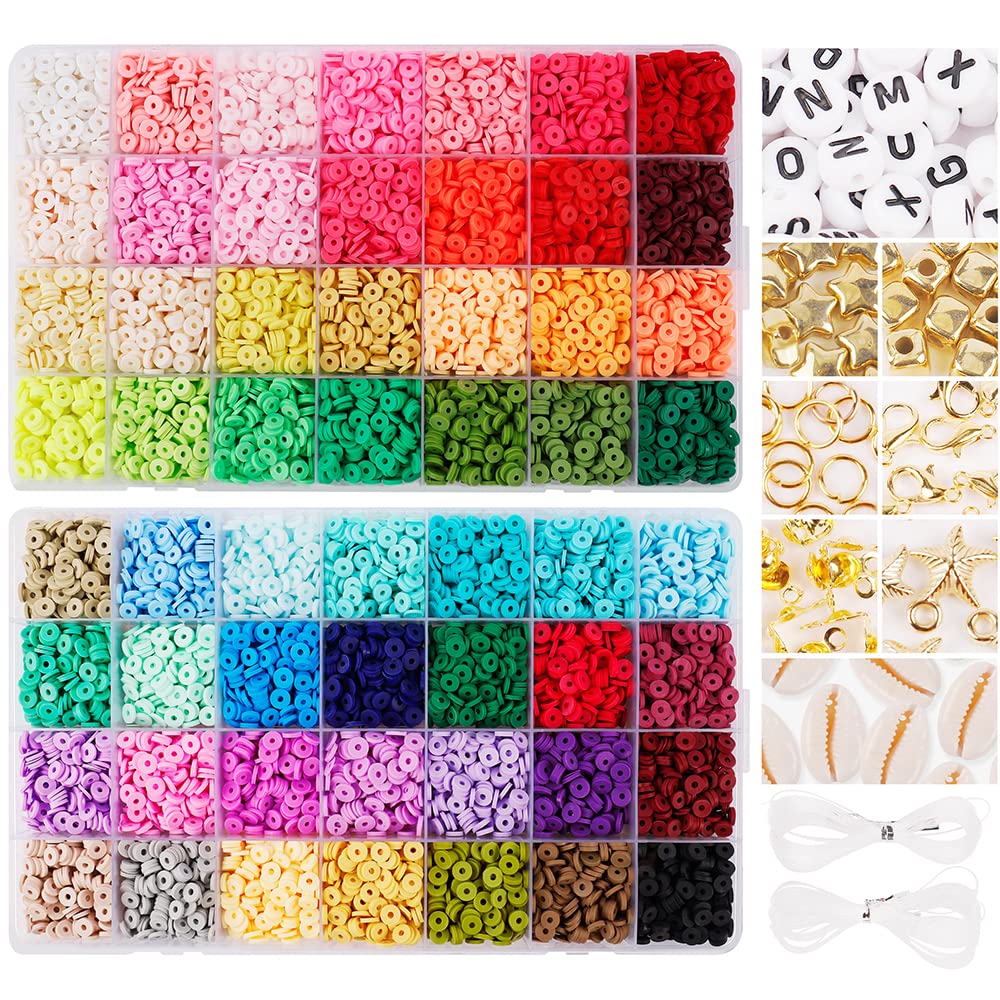 14420 Pcs Clay Beads 6mm 56 Colors Flat Round Polymer Clay Jump Rings Claw Clasps with Pendant Kit and 2 Roll Elastic Strings for DIY Jewelry Marking Bracelets Necklace Earring Craft
