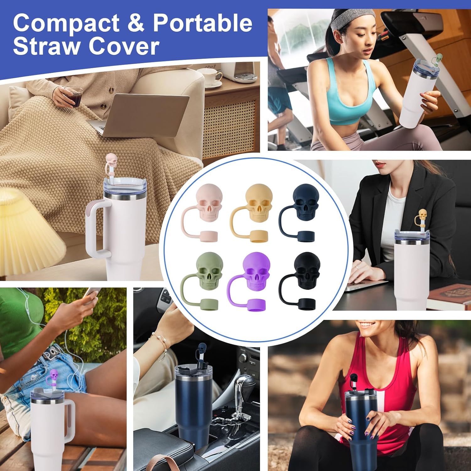 Straw Covers Cap Compatible with Stanley Cup 30 40oz with Handle - 6Pcs 10mm/0.4in Silicone Straws Toppers - Cute Funny Cool Skull Shape Straw Tumbler Accessories for Man & Woman - Reusable&Dust-proof - Image 5