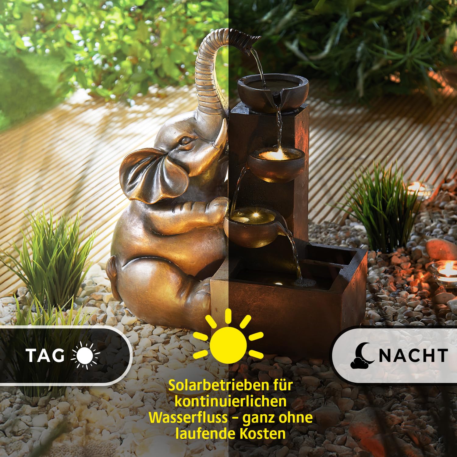 3 PAGEN® Solar-Brunnen Elefant für draußen – Wasserfall, stimmungsvoll beleuchtet – einfache Anwendung – wetterfest und robust – solarbetrieben ideal für Garten und Balkon