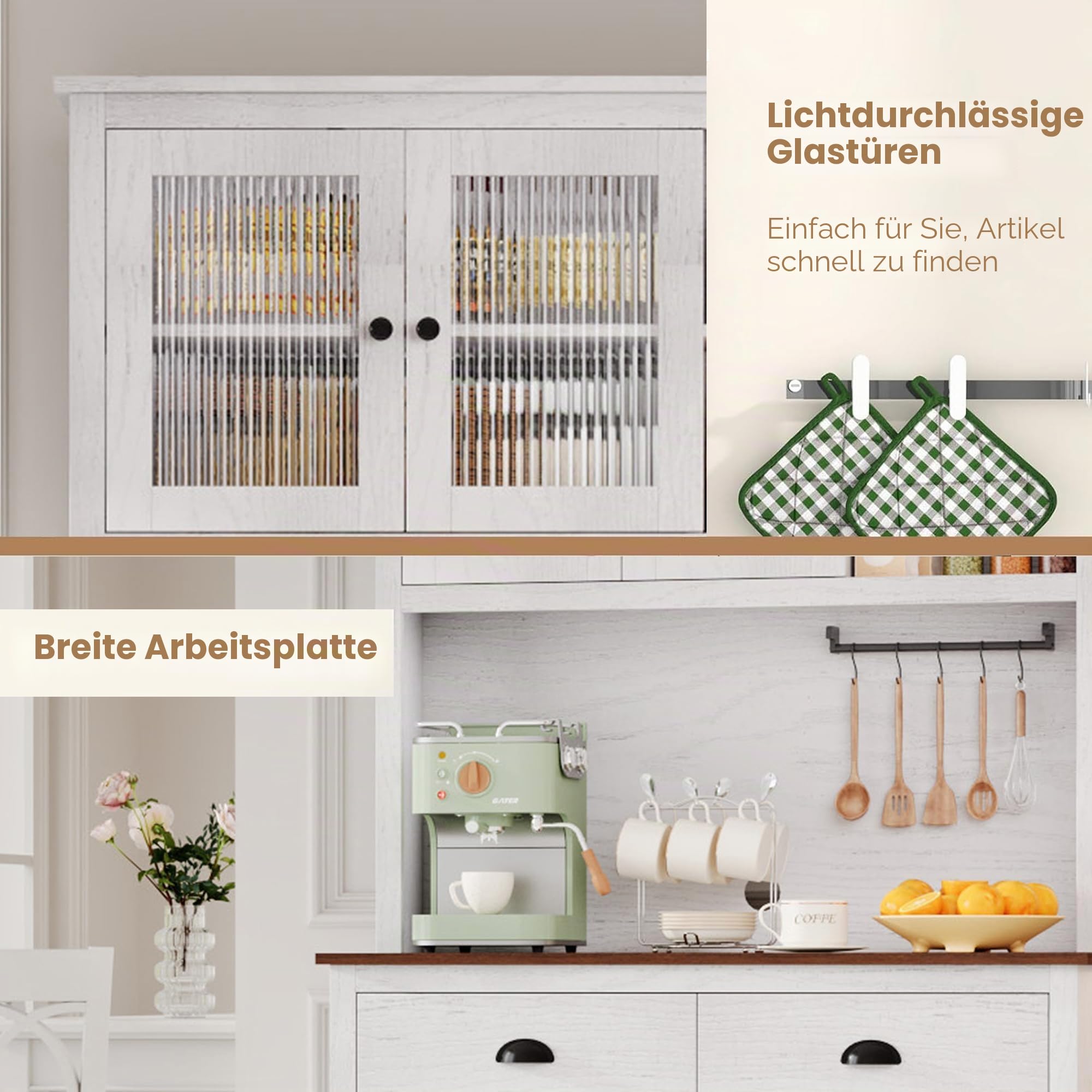 Moderner Küchenschrank, 180 cm – 5 Türen, 2 Schubladen, Vitrine – verstellbare Regale – ideal für Küche und Esszimmer – Washed White