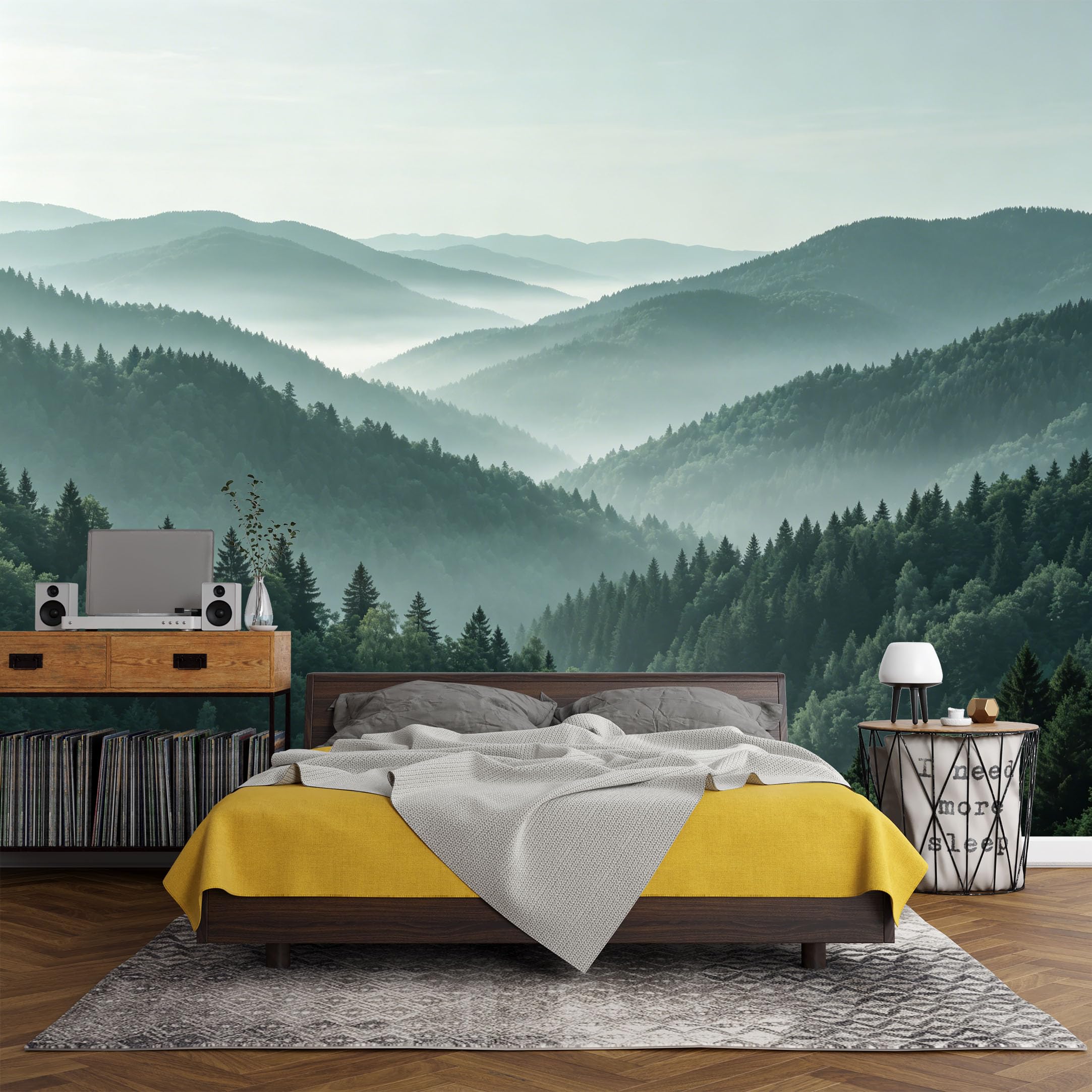 Custom Size Wall Mural Misty Forest Landscape Mountain Pine Tree Nature Scenery SelfAdhesive Art Prints wall Fabric（No PVC） Removable Wallpaper Living Room Decor