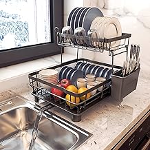 Dish Drying Rack with Drain Board, Trusthere Dish Rack for Kitchen Counter with Utensil Holder, Rustproof Drainboard Set with Cup Holder, Dish Drainer with 360° Swivel Drain Spout (Black,2 Tier)