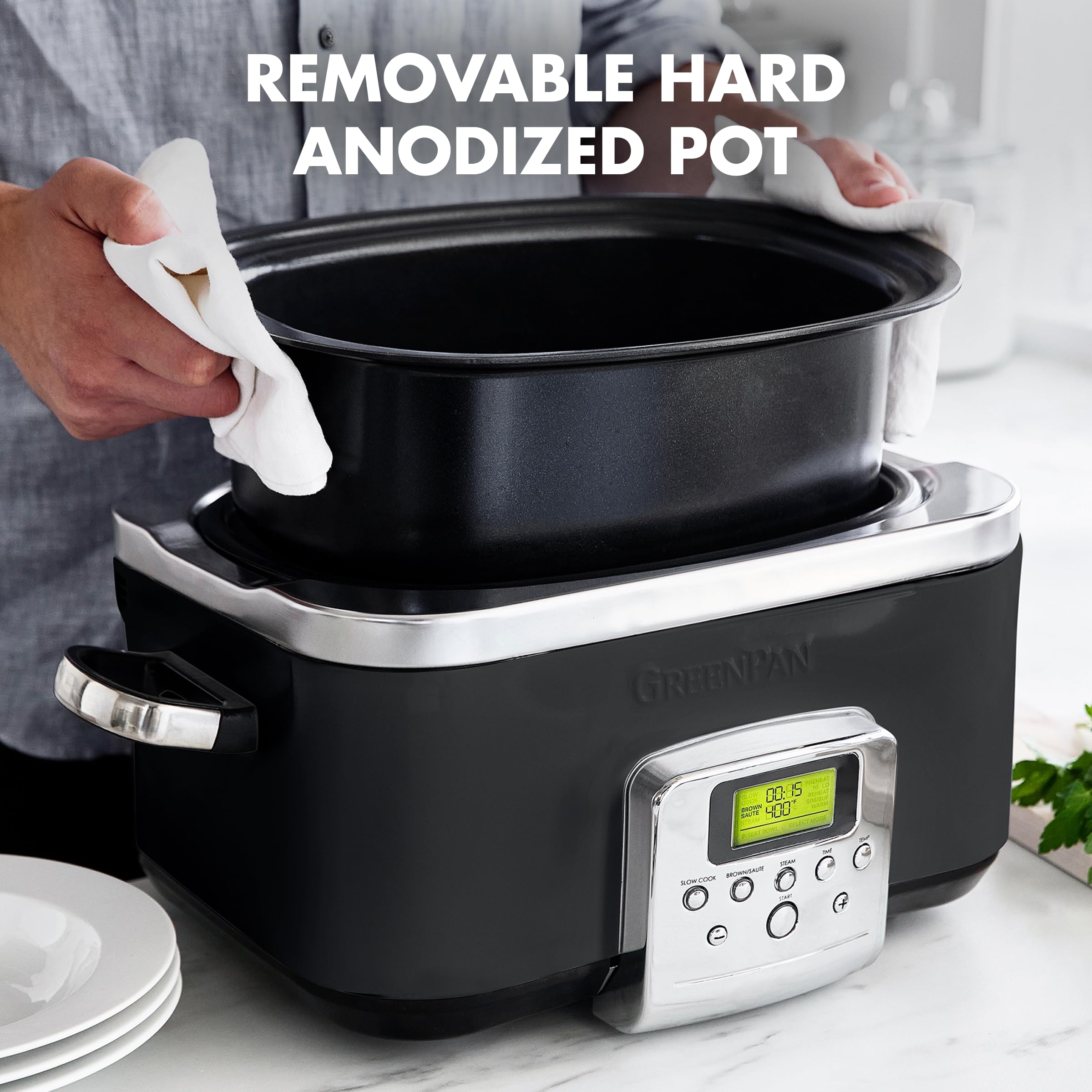 GreenPan Elite 8-in-1 Mijoteuse Programmable 6L, Couvercle et Plateau Amovible Lavable au Lave-Vaisselle, Céramique Non-Adhérente Saine Sans PFAS, Cuisson, Sauté, Panier Vapeur, Rôtissage, Noir