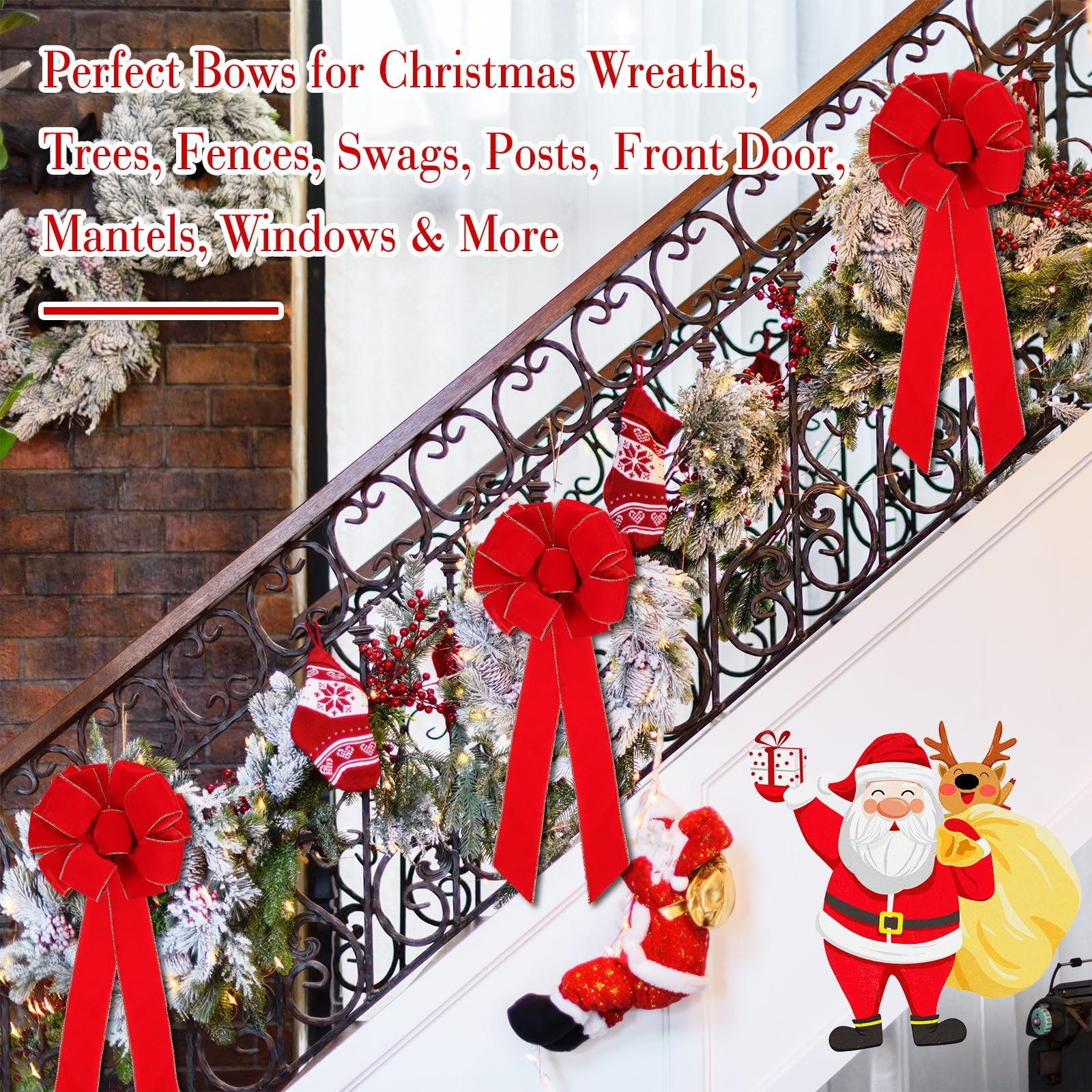 Kigeli 24 Stück große rote Weihnachtsschleife 25,4 x 66 cm roter Samt Gold Drahtkante Band Weihnachtskranz Schleife für Baumspitze Heimdekoration (12 Stück)