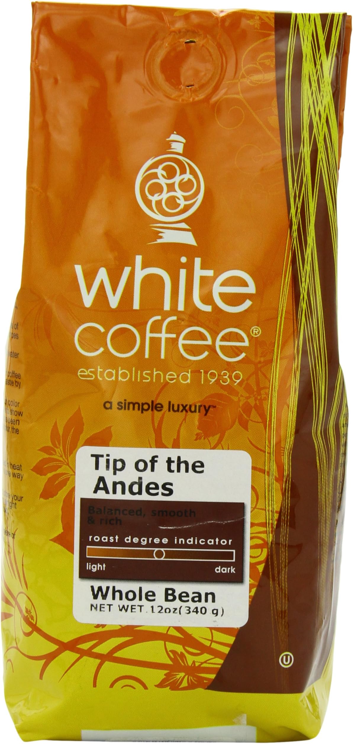 White Coffee Tip of the Andes Whole Bean Coffee, 12 Ounce