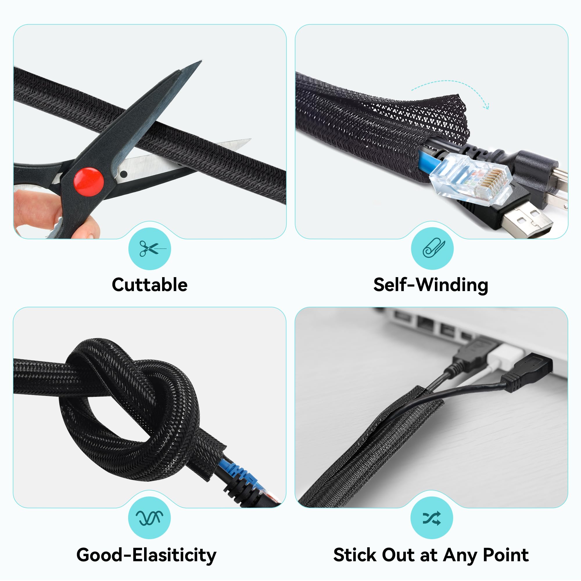 Manicotto per Cavi Ordinato, 13mm(0,51") - 3m(9,84ft) Tubo per Gestione Cavi per PC/TV, Organizzatore per Fili Autoavvolgente per Casa, Ufficio (Nero)