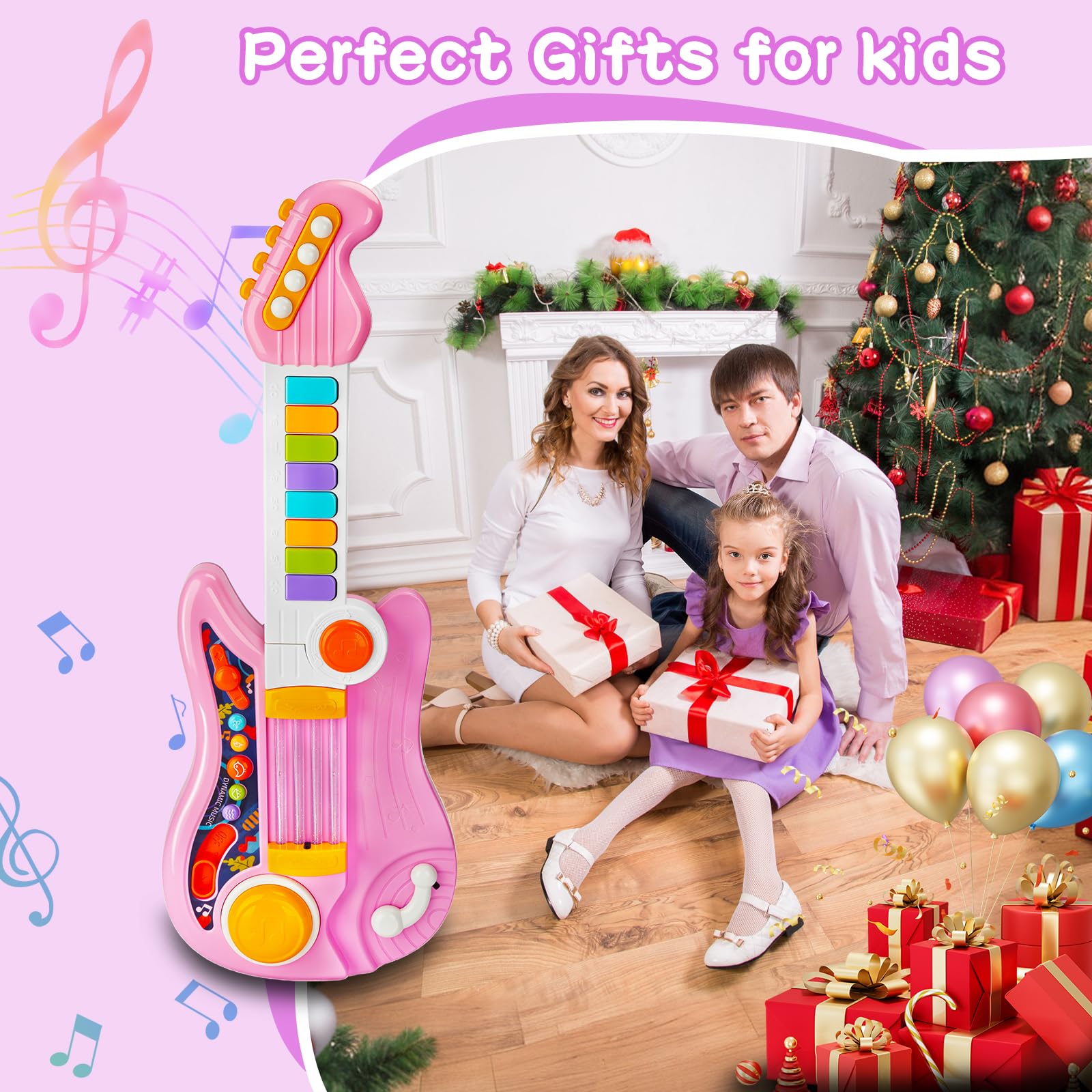 Chitarra Giocattolo Musicale per Bambini, 4 Modalità di Gioco, Strumento Musicale Giocattolo Multifunzione con Canzoni,Luce e Cinghia,Strumenti Musicali per Bambini, dai 12 Mesi+