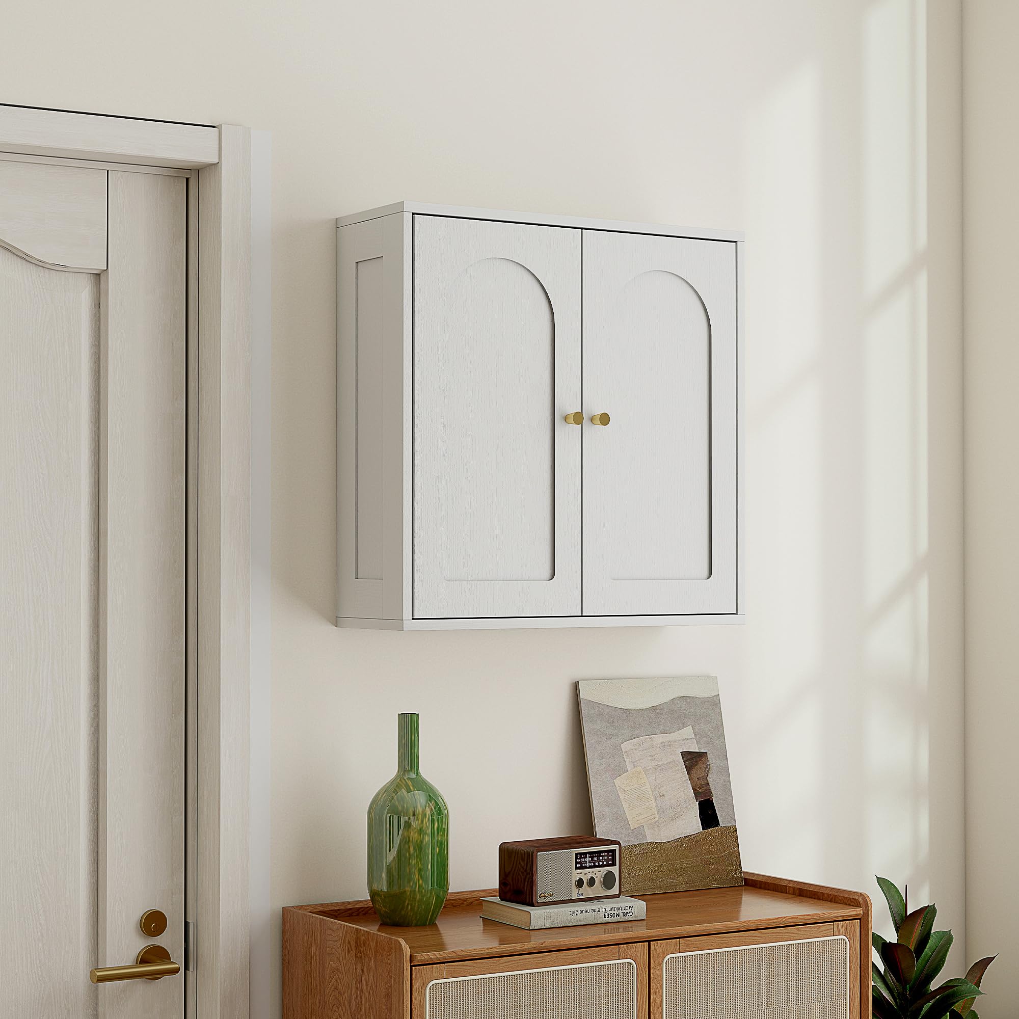 HOMCOM Armoire Murale, Meuble Haut Salle de Bain Style Moderne avec Placard à Double Porte et poignées dorées, Meuble de Salle de Bain Suspendu, 60 x 20 x 60 cm, Blanc