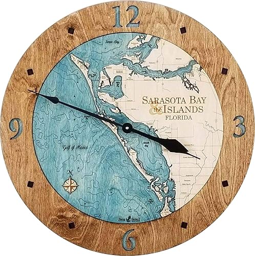 Sea & Soul Sarasota Bay - Reloj de pared de madera de 24.0in, fabricado en los Estados Unidos, mapas de madera 3D, carta de madera náutica 3D, arte