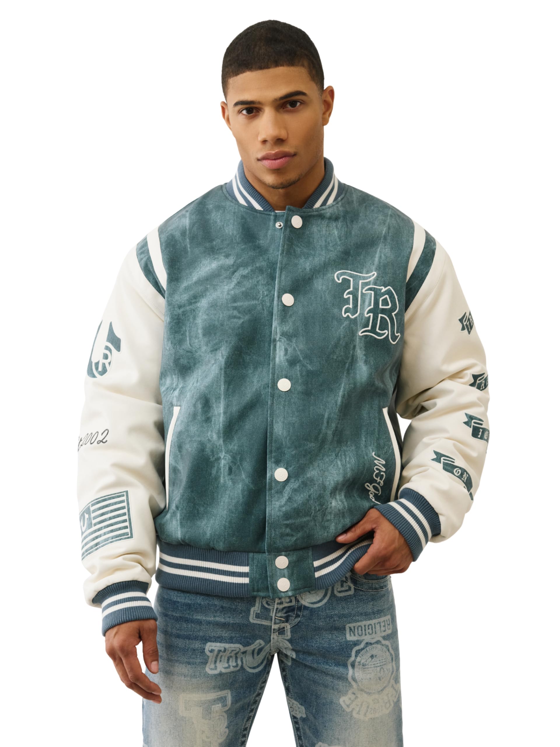 – Denim Print Retro Varsity Jacket for Men – Streetwear Men’s Jacket with Embroidery & Patch Details
