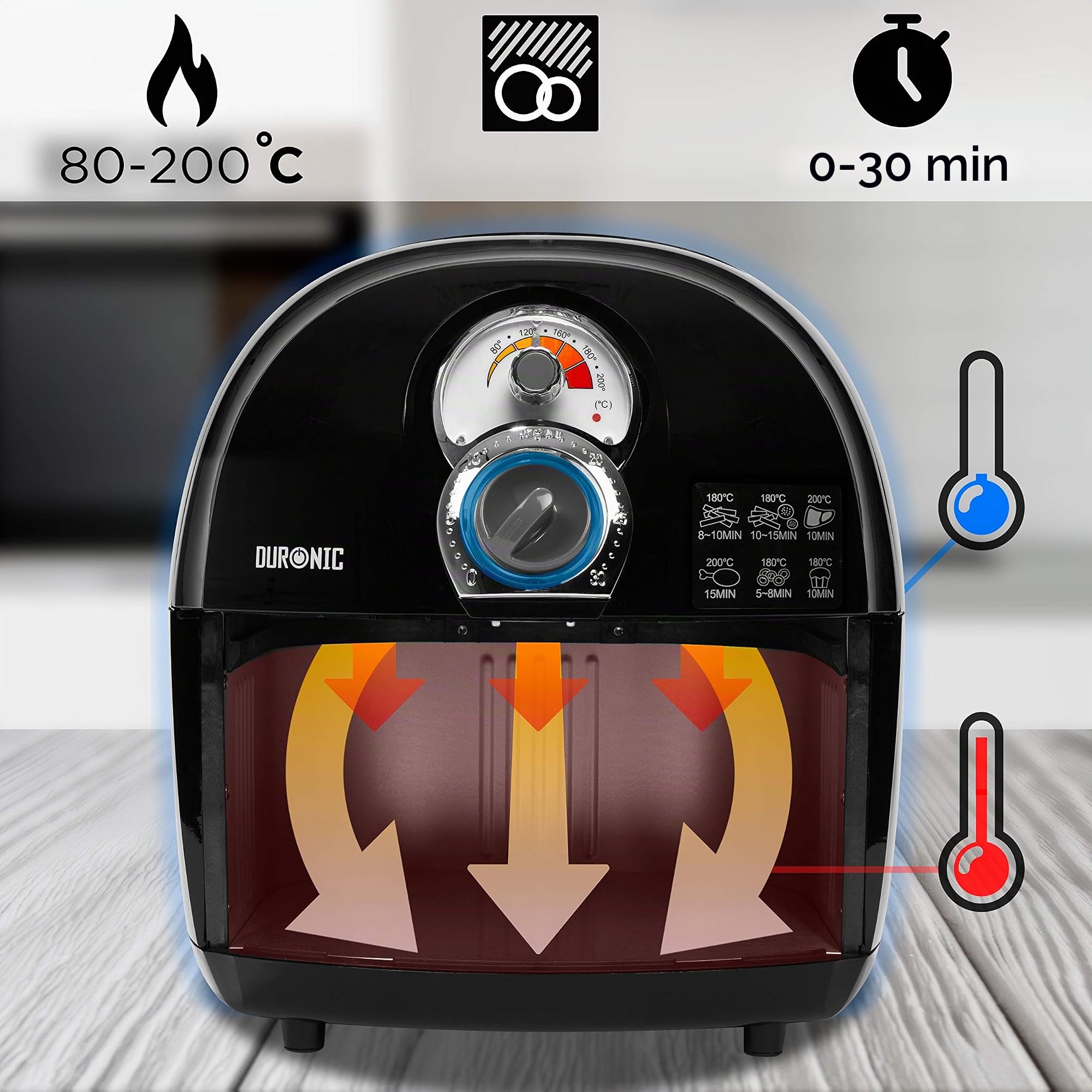 Duronic AF1 BK friggitrice ad aria 1500W 4,5L multifunzione | griglia, arrostisce, cuoce al forno, preparazioni veloci, ideale per coppie, ricettario incluso