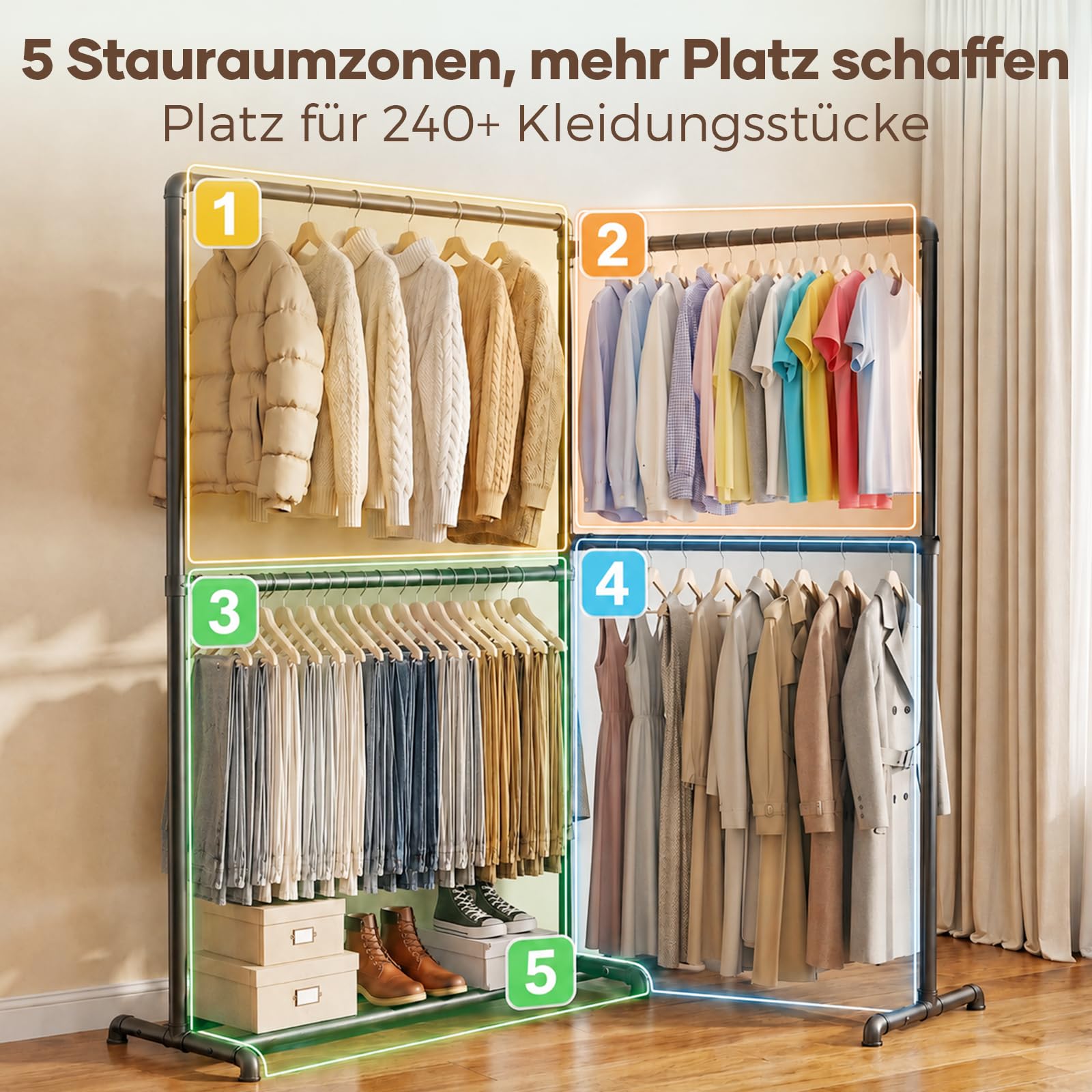 Schwerlast Kleiderständer mit vier Kleiderstangen, platzsparender Eck Kleiderständer mit 360° klappbaren Seitenarmen und unterer Ablage, Belastbarkeit 150 kg (Schwarz)