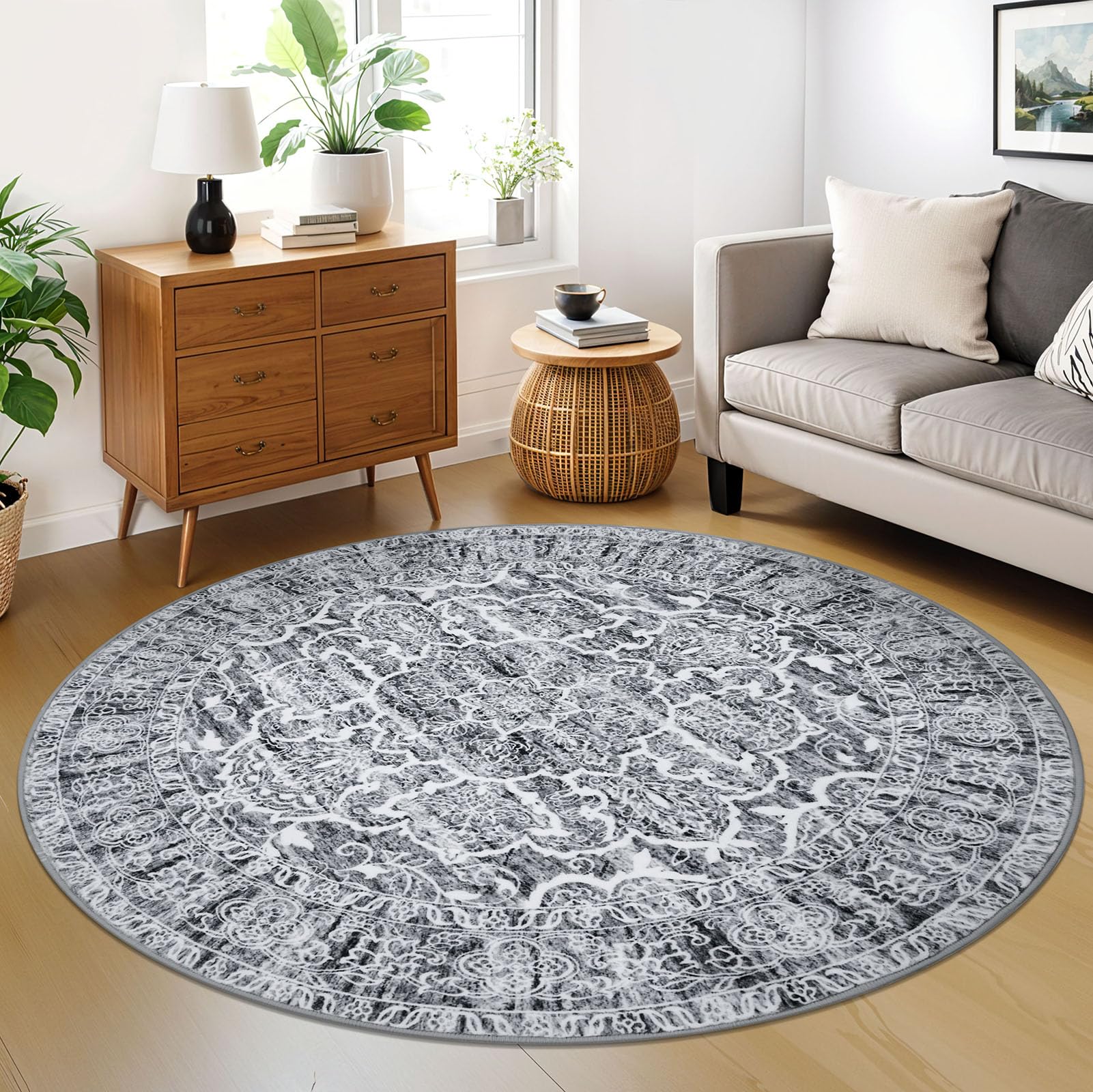 KUTA Round Rugs 6ft, Grey Blue White Circle Rug Washable 6ft, Non-Slip Printed Vintage Medallion Carpet for Living Room Dining Kitchen Indoor Entryway