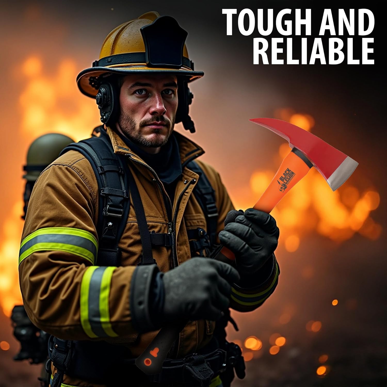 Black Legion Firefighter Axe | All-Stainless Steel Construction | Striking Red Axe Head | No-Slip Rubberized Handle | 4" Blade | 23 1/2" Overall