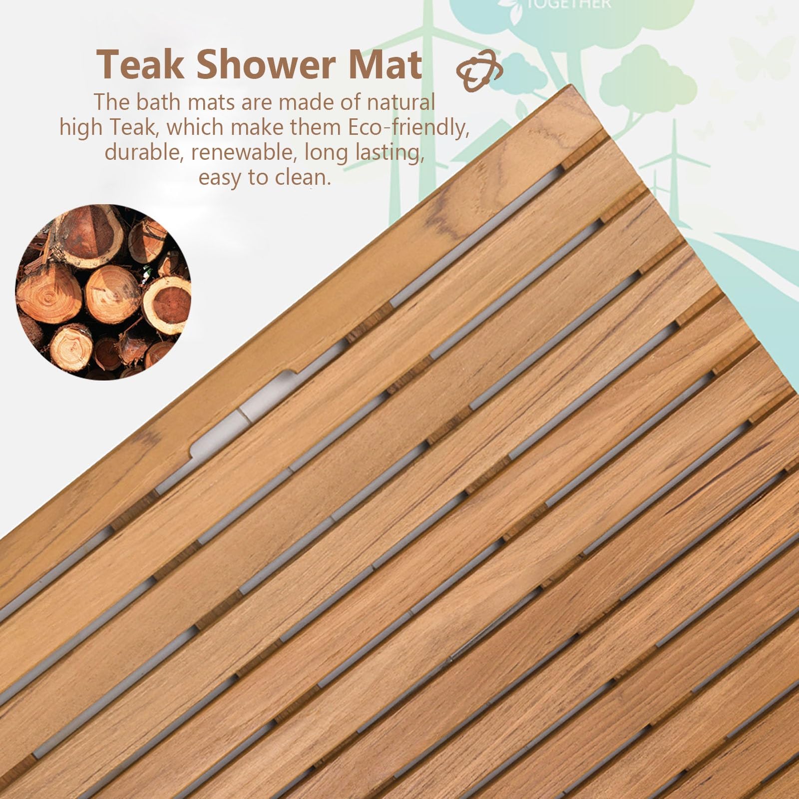 Tappetino da doccia antiscivolo in legno teak, 53,3 x 55,9 cm, ecologico, nessun odore, perfetto per spa bagno, design antiscivolo, elegante accessorio per doccia