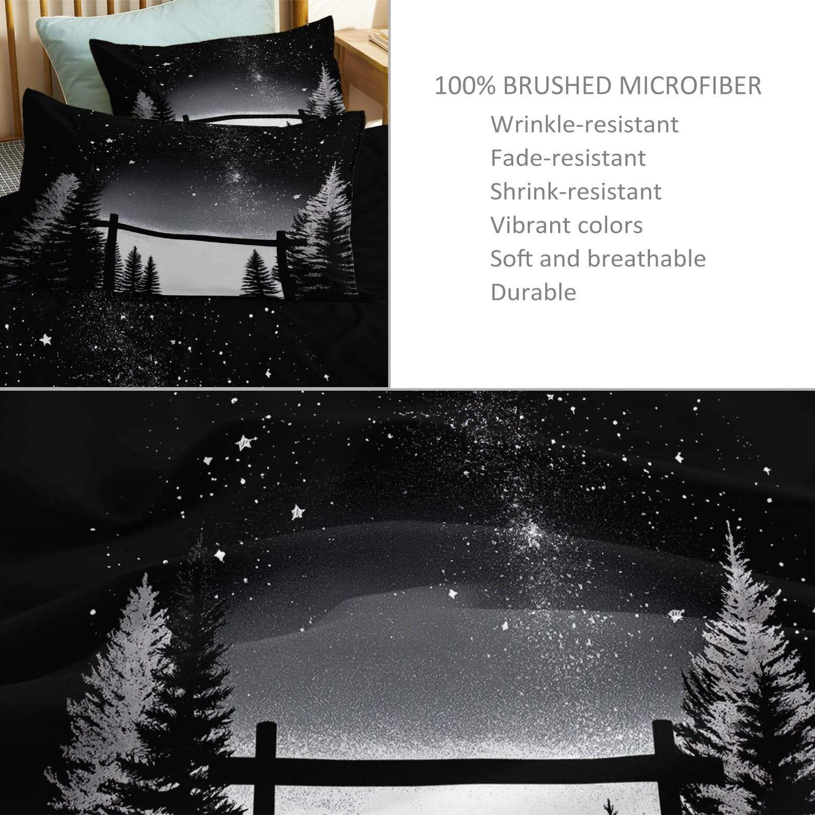 Krajobraz, las, nocne niebo, pościel do przyczepy kempingowej, 135 x 200 cm, czarna, miękka pościel, poszewka na kołdrę z mikrofibry, dla alergików, z zamkiem błyskawicznym, dla dzieci i dorosłych
