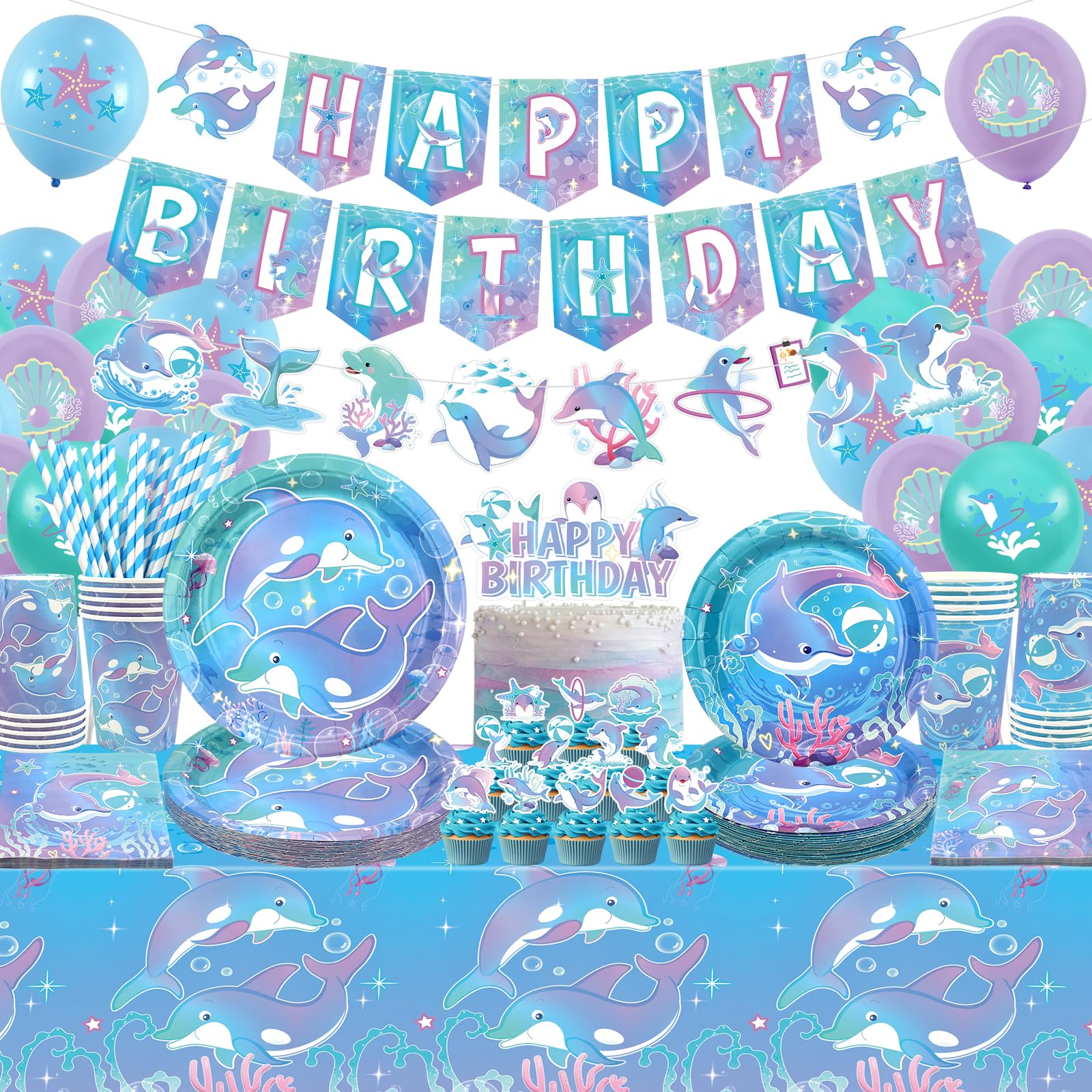 Dolphin Party Decorations, Includes Banners, Plates, Cupcake Toppers, Napkins, Cups, Tablecloths, for Ocean DolphinTheme Birthday Baby Shower Party Supplies (Banners)