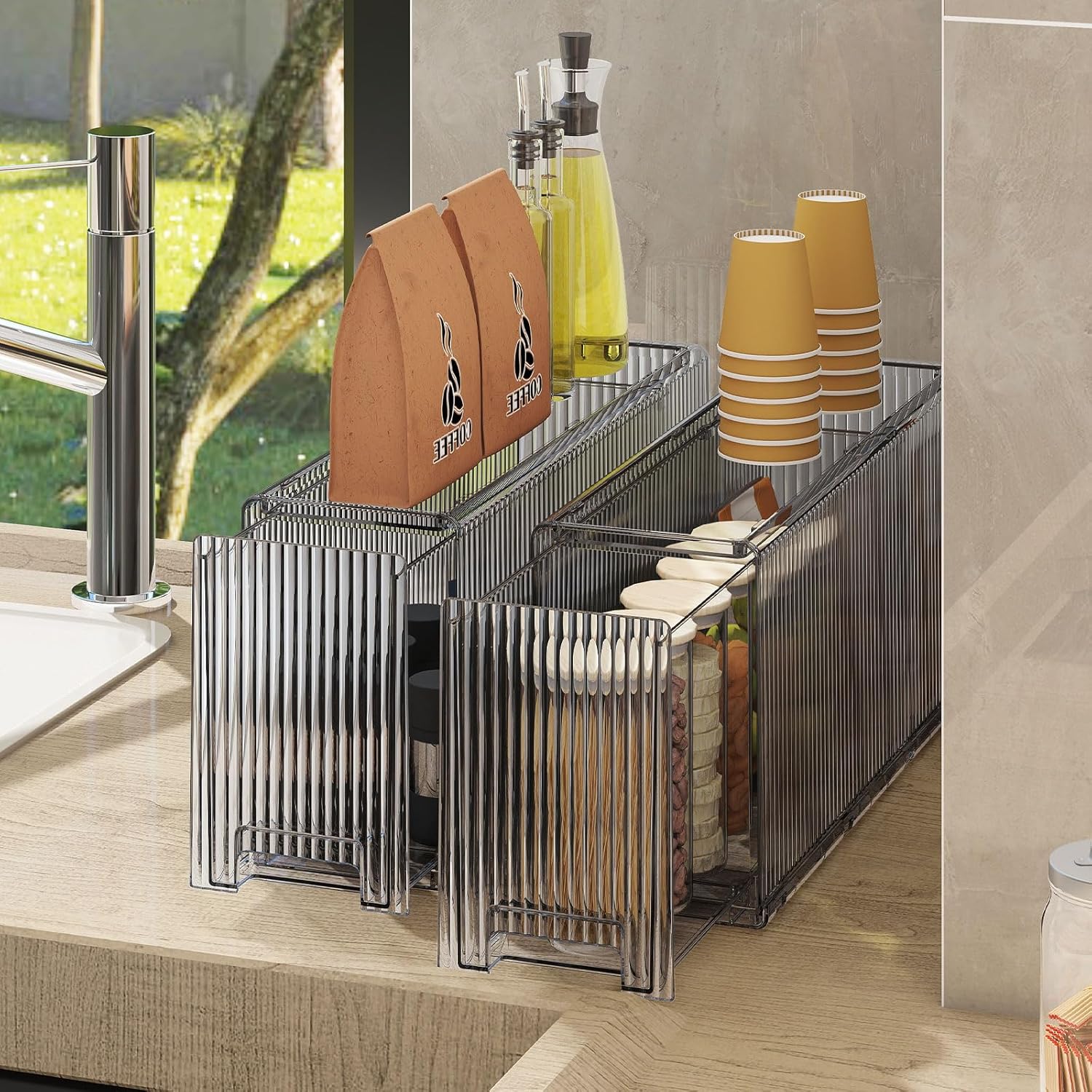 KHNR Slim 2 Tier Kitchen Spice Rack Shelf Organizer with Wheels, Narrow Gap Storage Cabinet for Bottles, Cans & Seasoning Jars, Food Grade PET, Perfect for Refrigerator Side or Pantry, Clear Grey