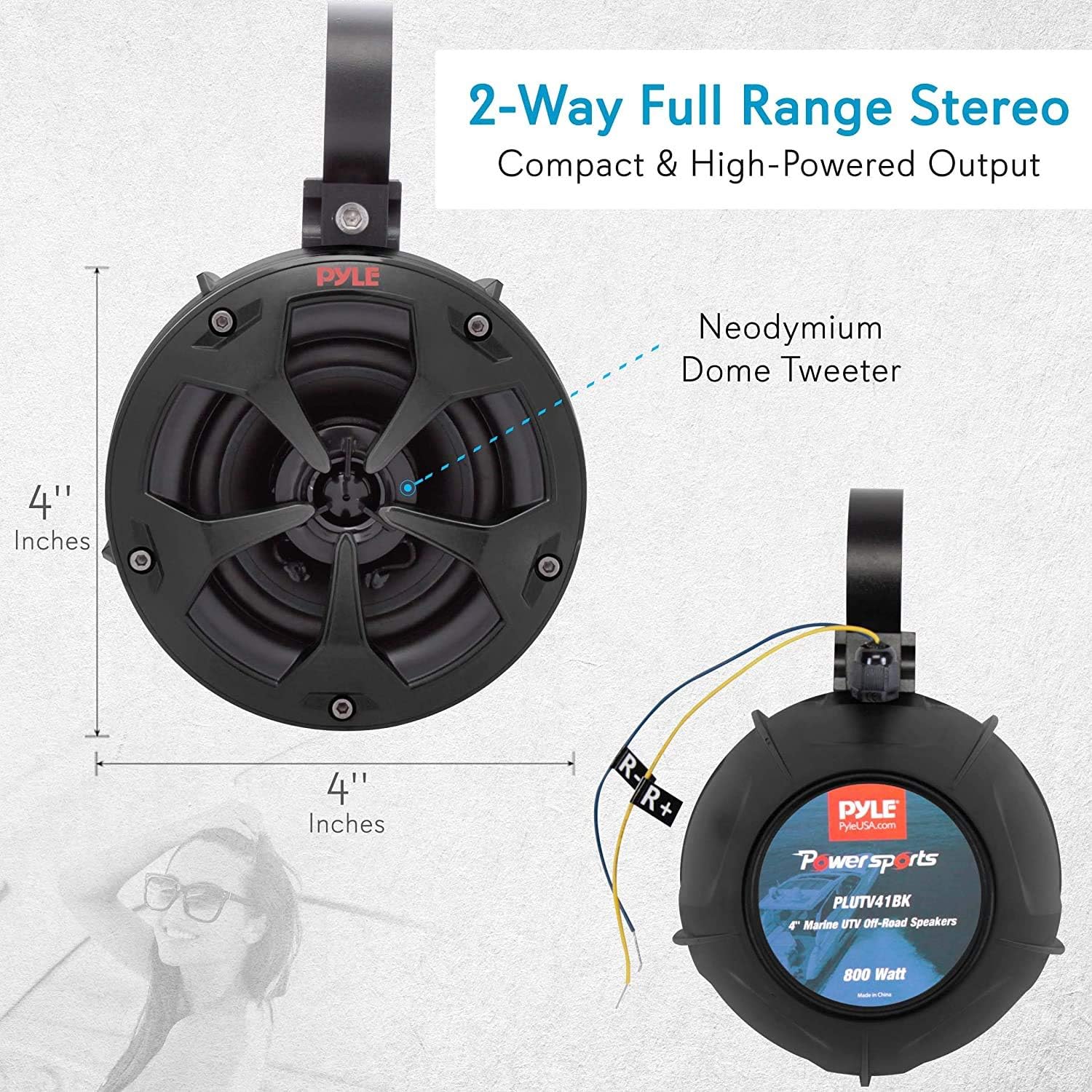 Pyle 2-Way Dual Waterproof Off-Road Speakers, 4 Inch 800 Watt Marine Grade Wakeboard Tower Speakers System, Full Range Outdoor Audio Stereo Speaker for ATV, UTV, Quad, Jeep, Boat - PLUTV41BK, Black - Image 3