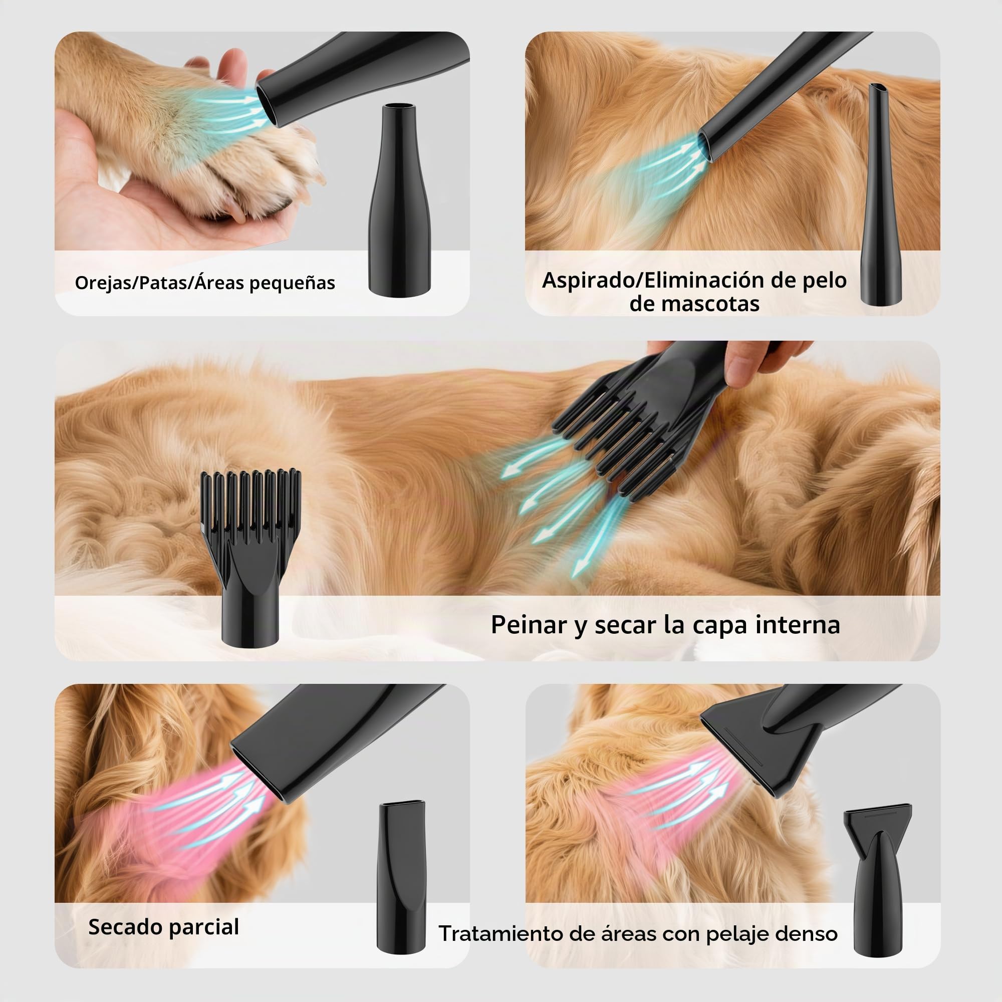 DEWINNER 3200W Secador Pelo Perro Profesional| Secador y Aspirador para Mascotas| Flujo de aire y Temperatura Ajustables |5 Boquillas| 1 Manguera Elástica| 1 Cepillo de Cuidado| Rosa