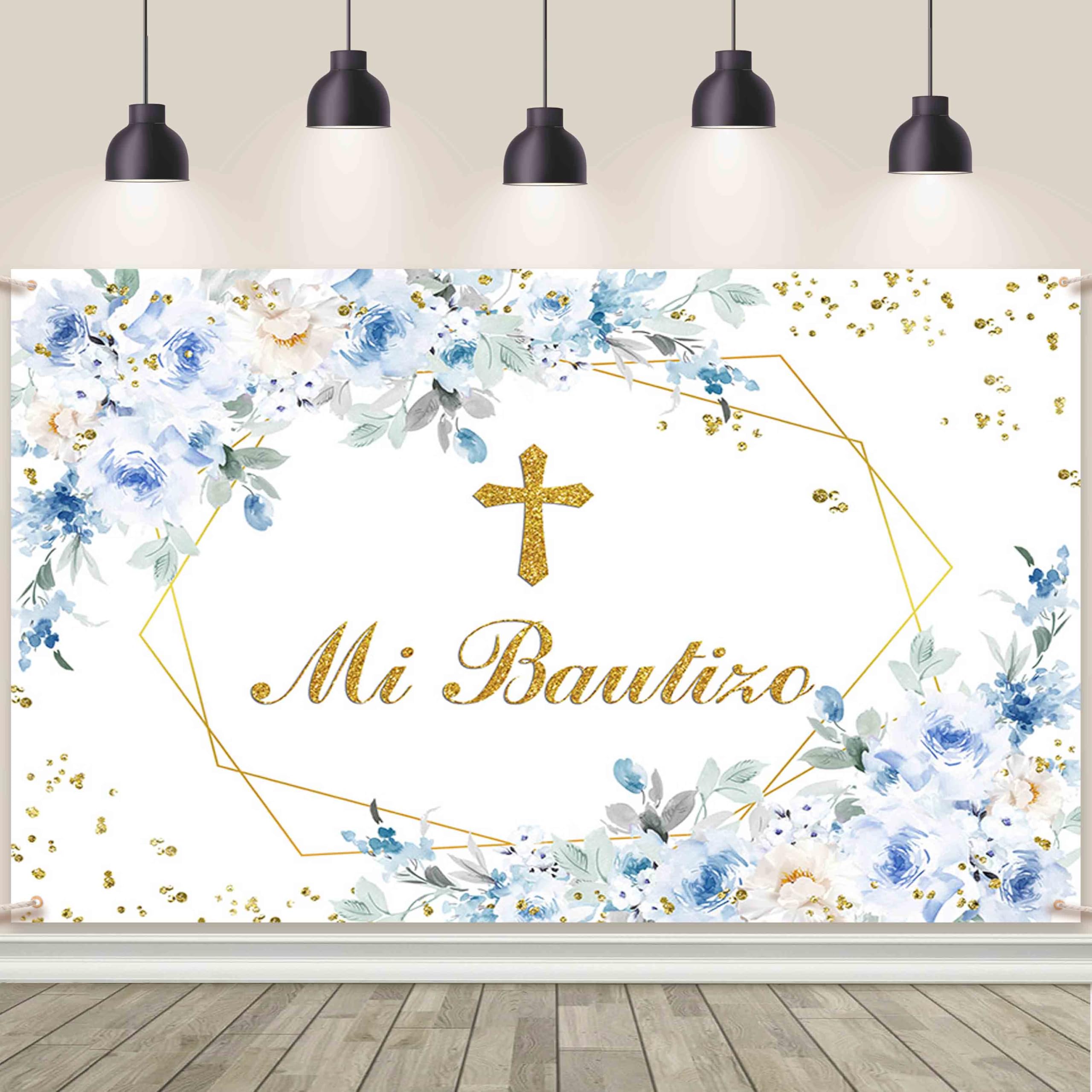 AIBIIN 5x3ft Mi Bautizo Backdrop Mexican Baptism Party Decorations God Bless Girl First Holy Communion Banner Blue Flower Background Christening