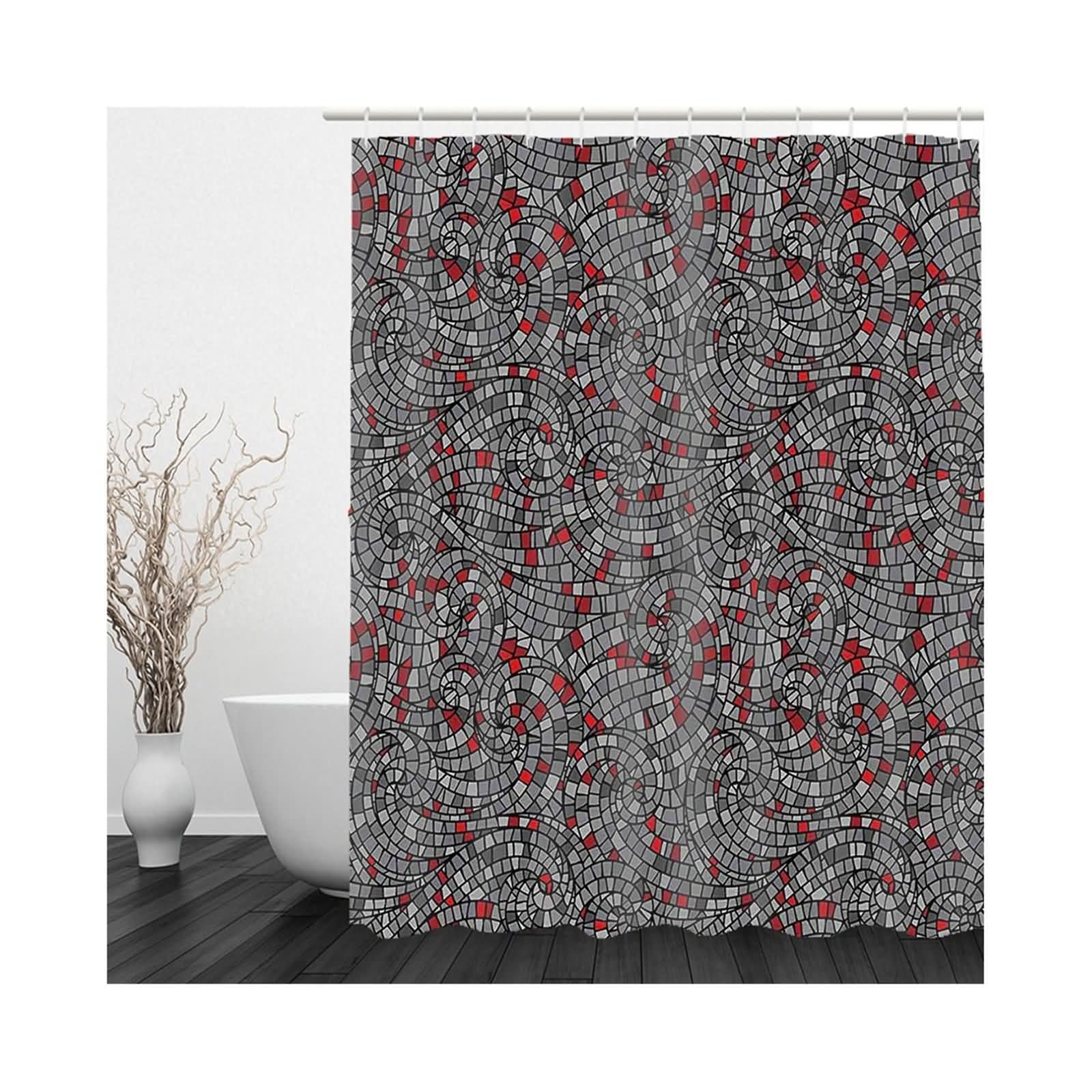 Cortina de ducha roja de tela, cortina de ducha de baño para mujer, poliéster gris ondulado, cuadrado pequeño, 150 x 200 cm, decoración moderna