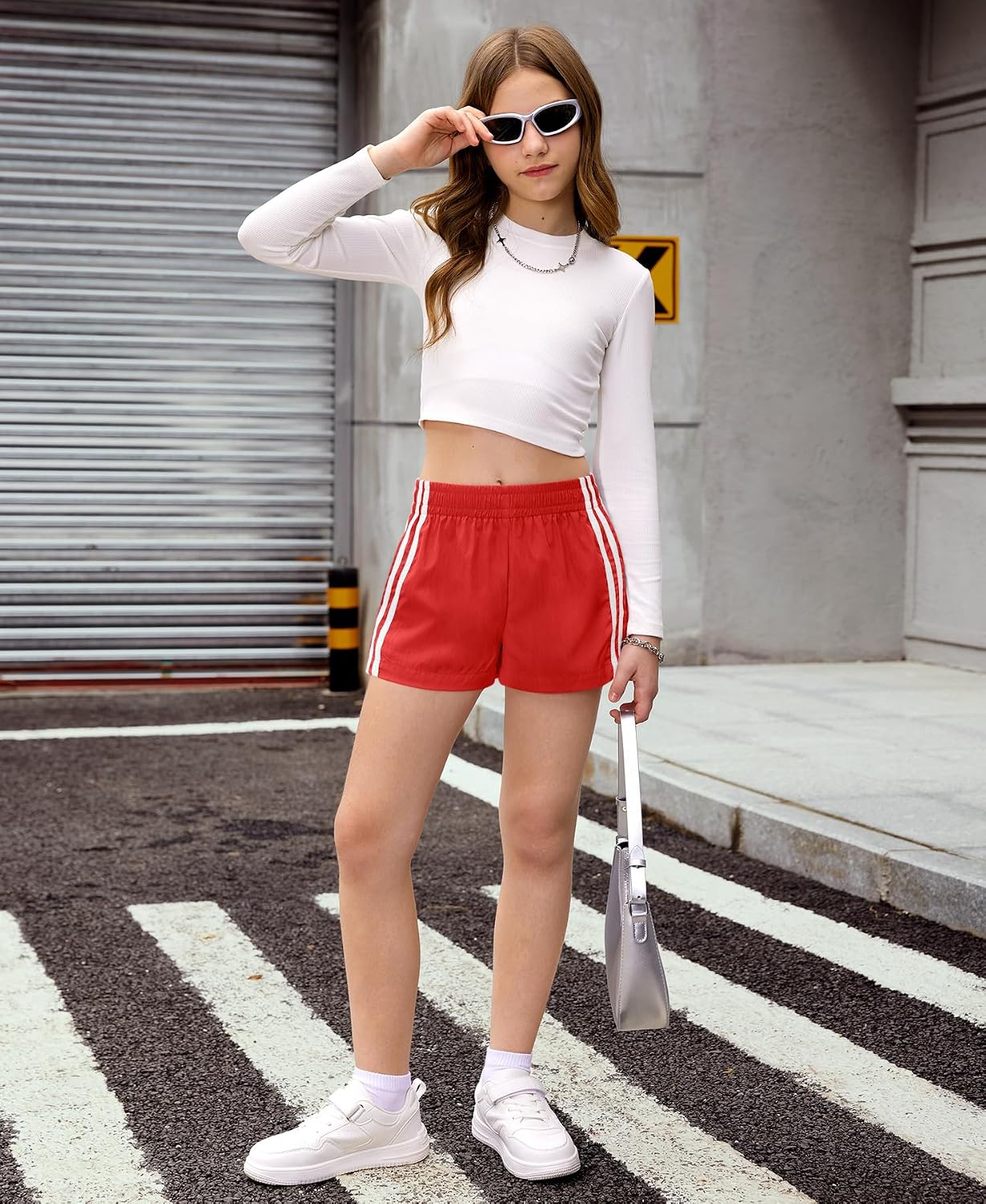 Girls Athletic Shorts, Y2K Striped Mini Track Shorts with Contrast Webbing, Casual & Sports Wear for 6-14 Years