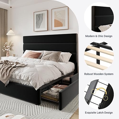 Miniatura 6 de Allewie Base de cama moderna de tamaño matrimonial con 4 cajones de almacenamiento y cabecera tapizada de terciopelo, soporte de listones de madera,