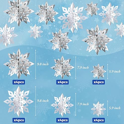Vista 23 de 36 decoraciones de copos de nieve de Navidad, guirnalda de copos de nieve de papel blanco grande 3D para colgar copos de nieve para invierno, país
