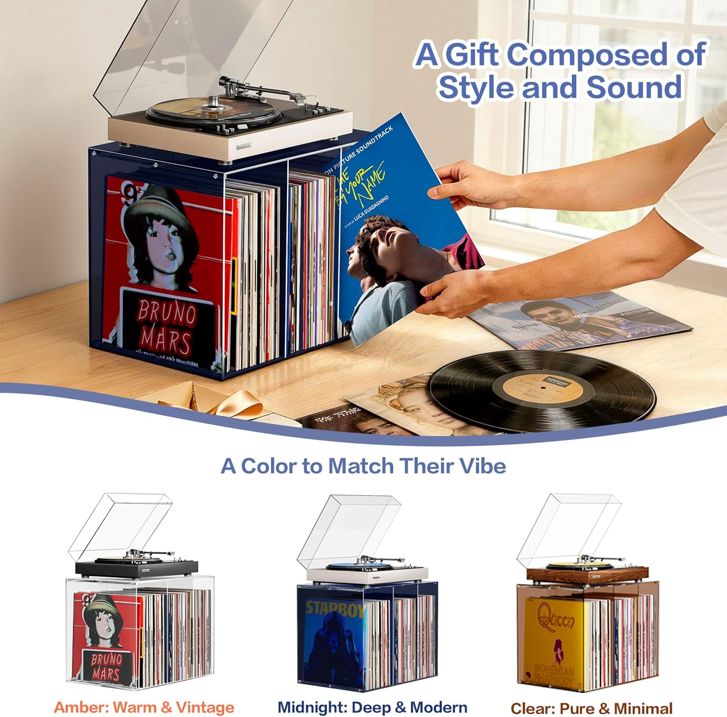 Bikoney Vinyl Record Storage,Stackable Cube Acrylic Vinyl Record Holder,Tabletop Record Player Stand,Vinyl Holder & Album Storage Box Crate Bin,Midnight Blue