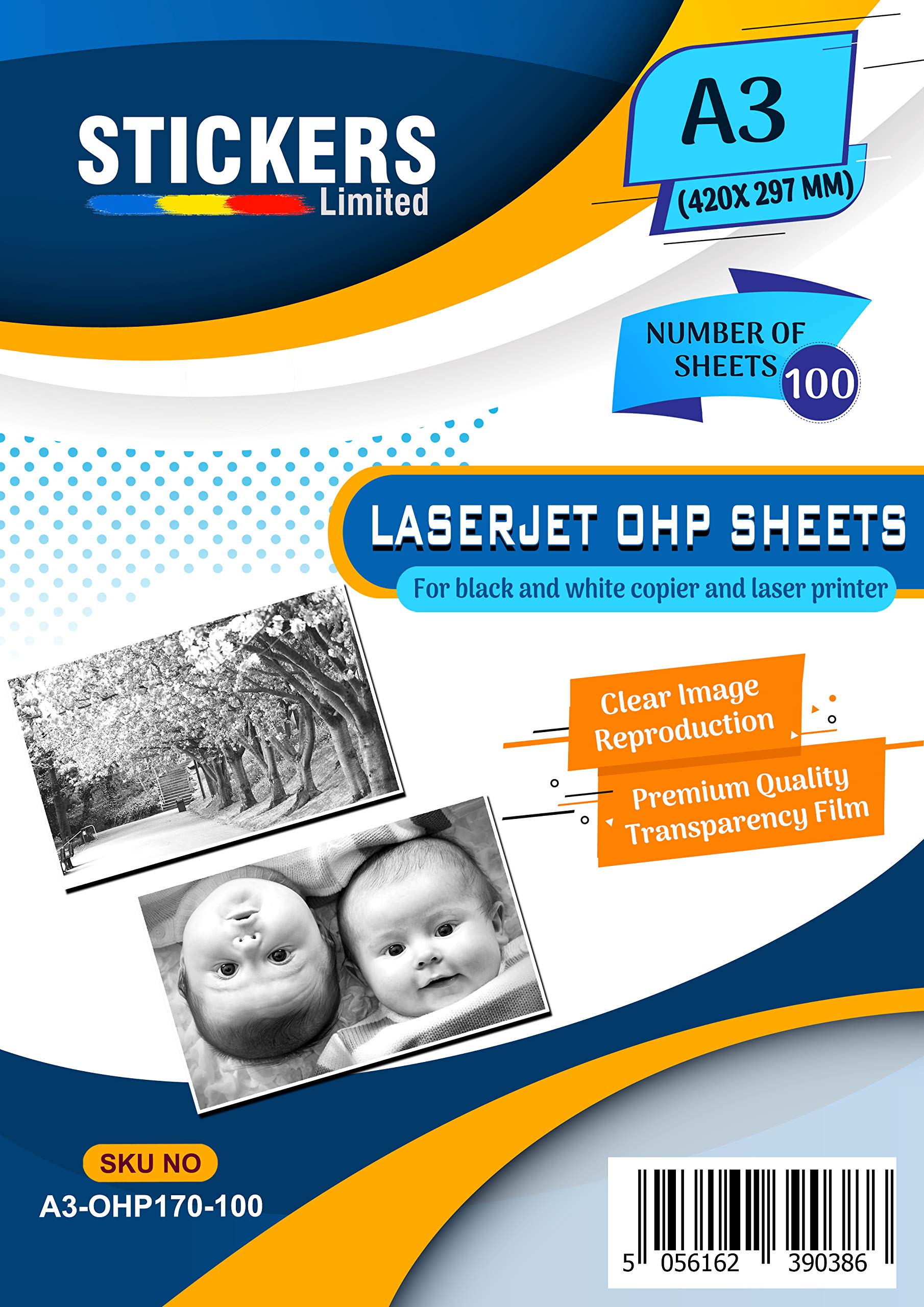 100 Sheets A3 of Overhead Projector Film or Clear 100 Mic OHP Transparencies Aptable for Black & White LaserJet, Copier Printers #A3-LO170-100 Stickers Limited