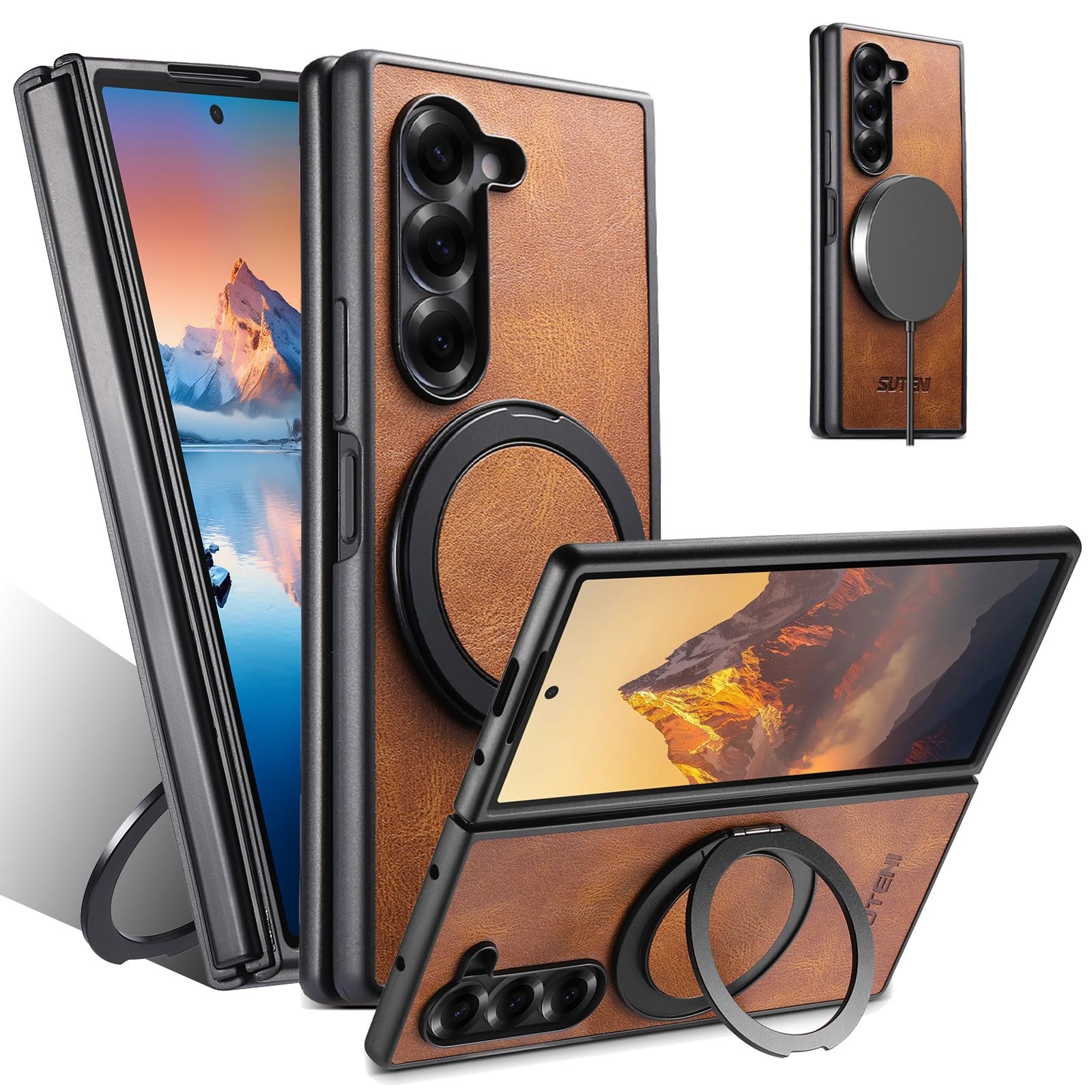 Funda para Galaxy Z Fold 8 Ultra con Anillo Giratorio de 360°, Marrón