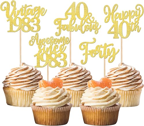 30 piezas de decoración para cupcakes de 40 cumpleaños con purpurina para cuarenta y 40 fabulosos cupcakes vintage 1983 para saludos a 40