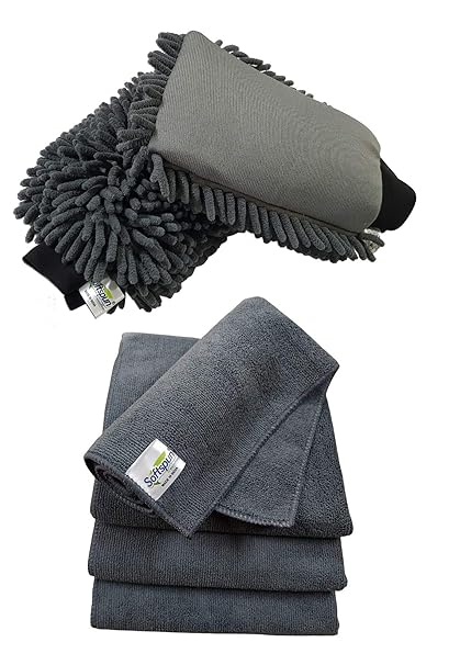 SOFTSPUN Microfiber Chenille & Single-Side Gloves 1700 GSM? with Towel 340 GSM, 6 Piece Combo Grey, Multi-Purpose Super Absorbent and Perfect Wash Clean with Lint-Scratch Free Car, Dusting!