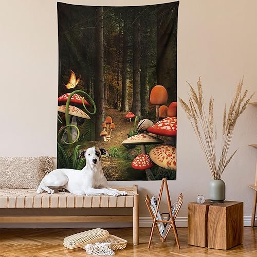 Miniatura 2 de Ambesonne Tapiz de hongos, hongos en bosque oscuro profundo, fantasía natural, camino de la tierra, colgante de pared para dormitorio, sala de