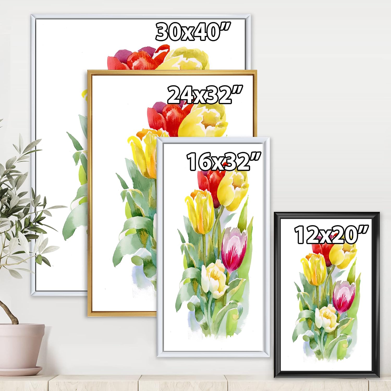 DesignQ Bouquet of White and Red Tulips - Traditional Framed Canvas Wall Art Print,Green