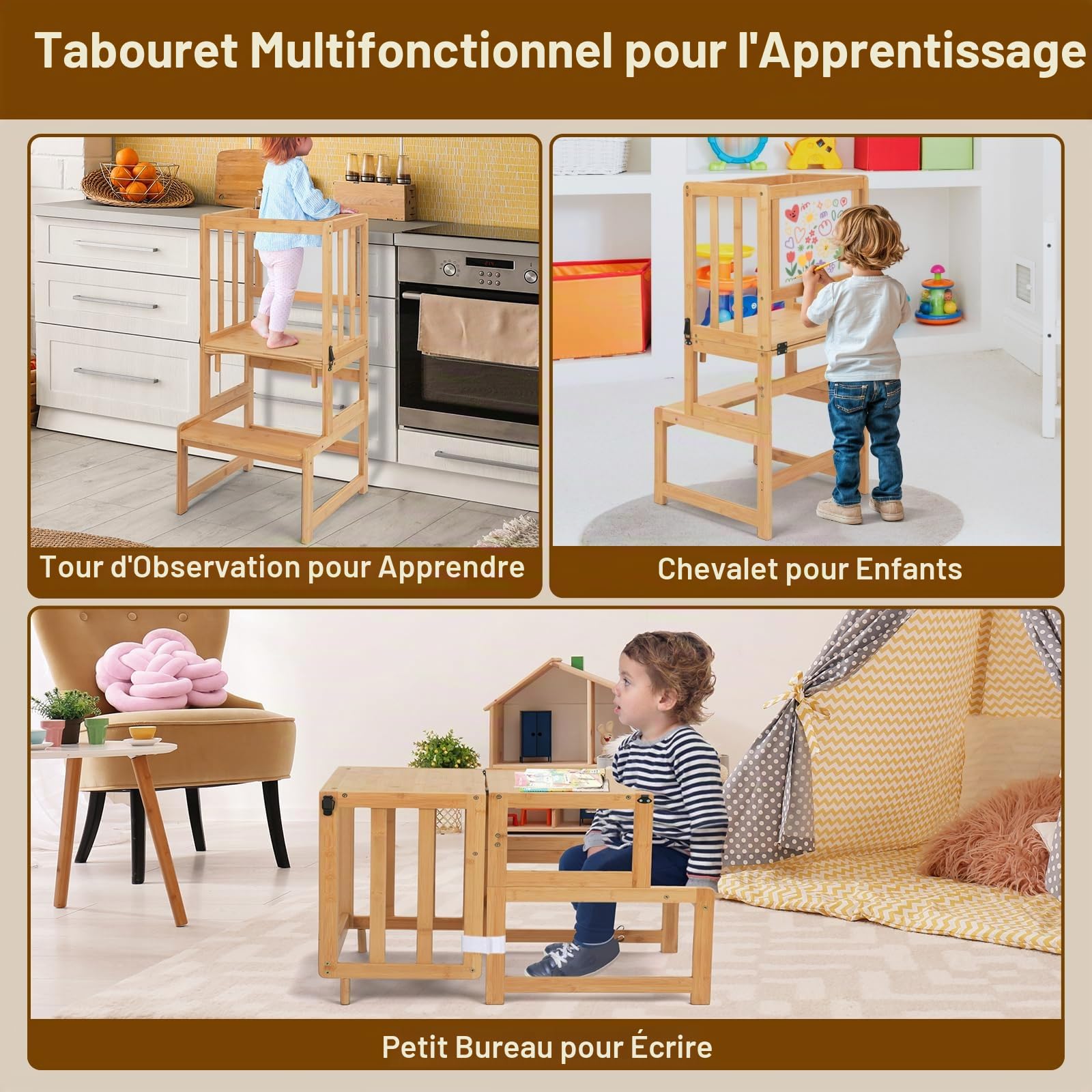 COSYLAND Tabouret de Cuisine 3 en 1 pour Enfant – Tour Debout Convertible avec Tableau Blanc pour Enfants – Aide au comptoir de Salle de Bain pour Enfants – Tabouret d'apprentissage pour Les mères