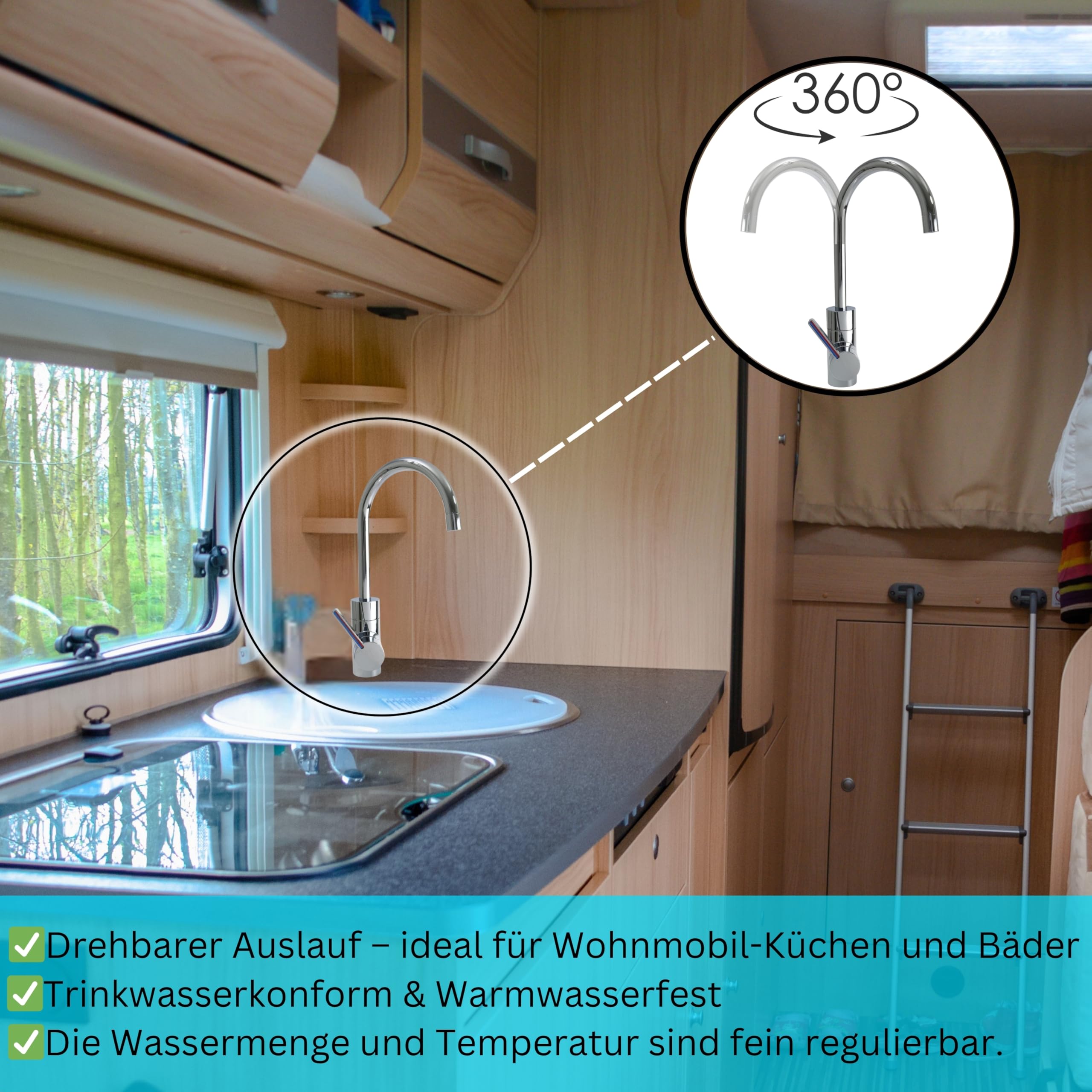 Comet Lucca Einhebelmischer für Wohnmobil und Wohnwagen, 12 V, Chrom, 360° drehbarer Mikroschalter, 12 V Wasserhahn