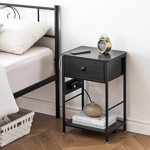 Miniatura 2 de IDEALHOUSE Mesita de noche con estación de carga, juego de 2 mesitas de noche para dormitorio, mesitas de noche con cajón, moderna mesa auxiliar de