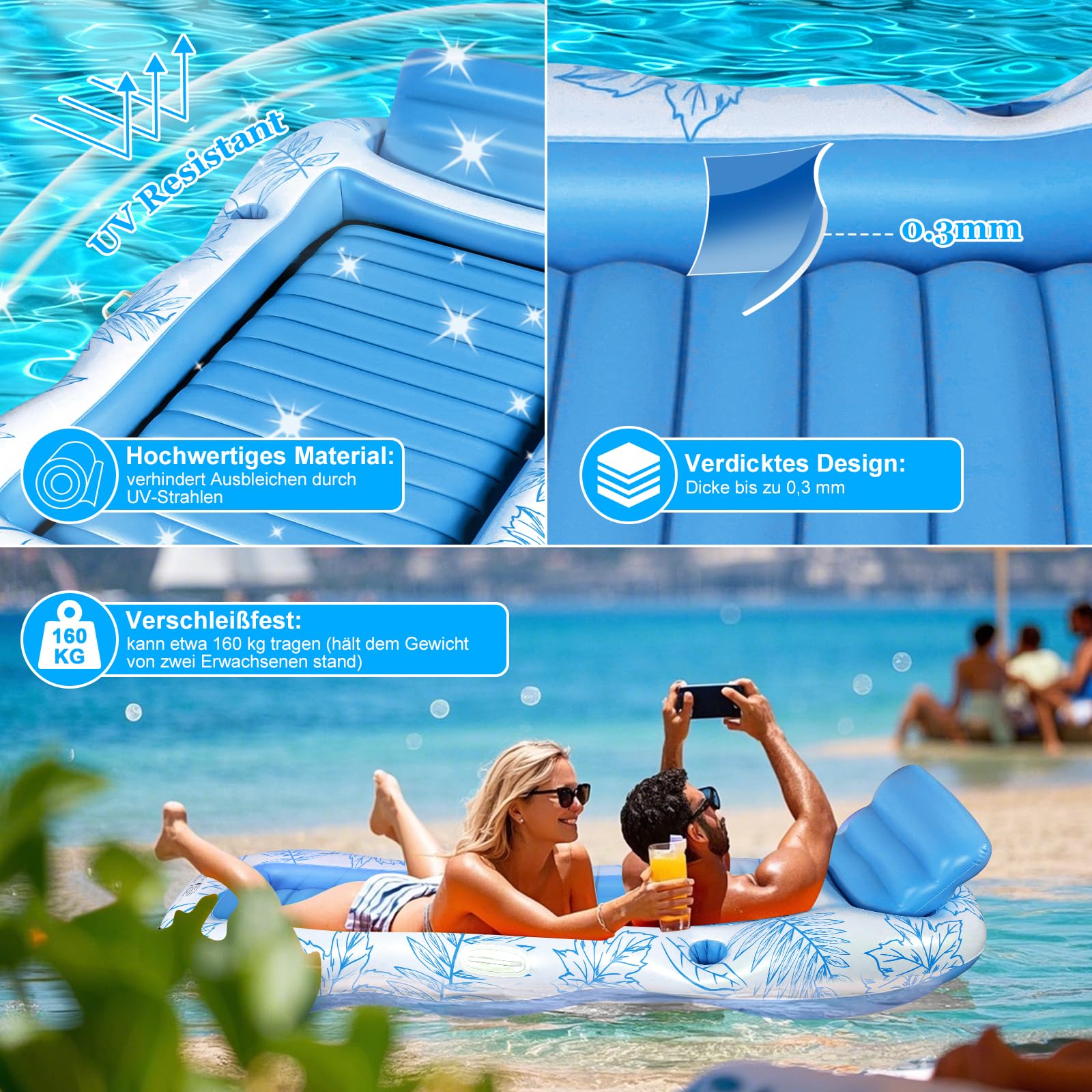 Charmofun Aufblasbarer Tanning Pool, Luftmatratze Pool Hängematte mit Tassenhalter, Pool Lounge aufblasbare Liege, Aufblasbare Sonnenpool Wasserhängematte für Erwachsene und Kinder (Blau)