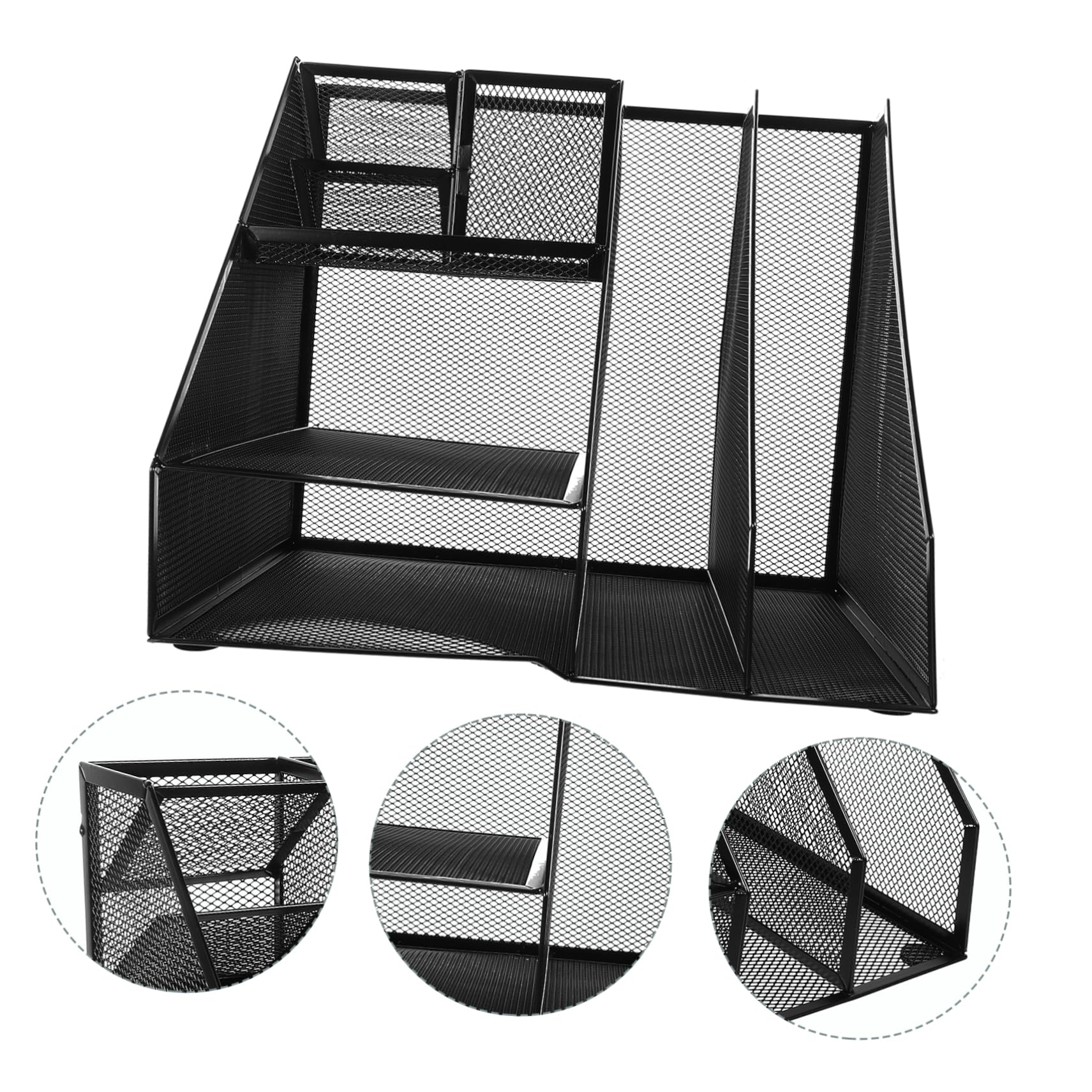 Aktenhalter aus Eisen Schwarzer mit Linkem Stiftehalter stabiler Schreibtisch Organizer mit 2 Fächern und 3 Ebenen für Büro und Arbeitsplatz