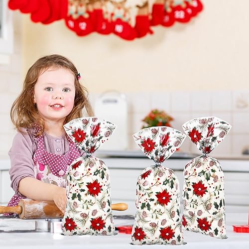 Miniatura 5 de Whaline 160 bolsas de celofán de Navidad con 200 unidades de lazo torcido de bayas de acebo, bolsas de regalo de fiesta de Pascua de plástico