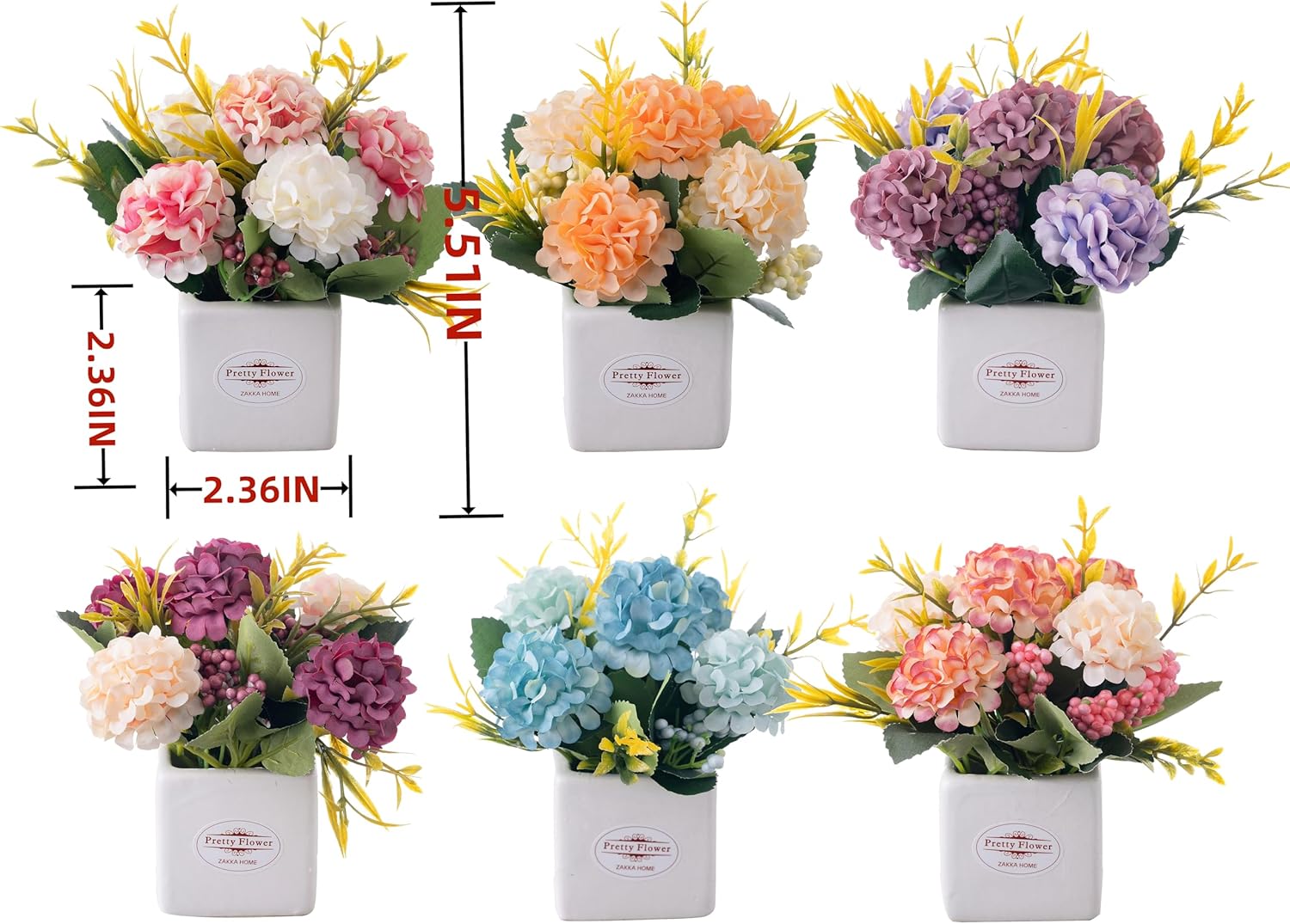 6Pcs Artificial Flowers with Ceramic Pot Small Fake Hydrangea Flowers Arrangements Faux Spring Flowers in Vase Home Spring Decor, Centerpiece Table Decorations for Farmhouse Office Shelf Dining Table