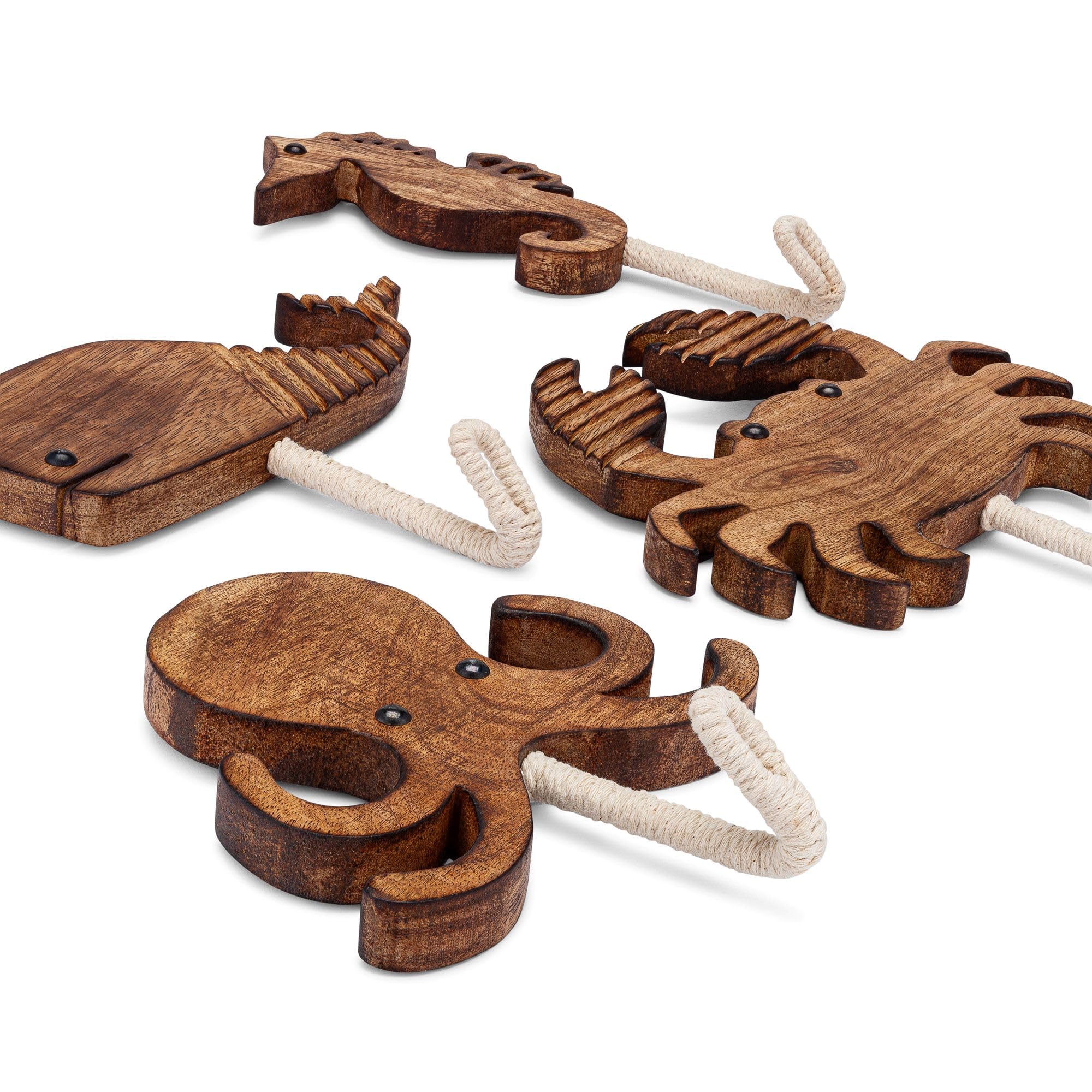Crane Baby Set de ganchos de pared de madera, Pack de 4, estampado vida marina, ganchos para habitación infantil, imprescindible para bebé