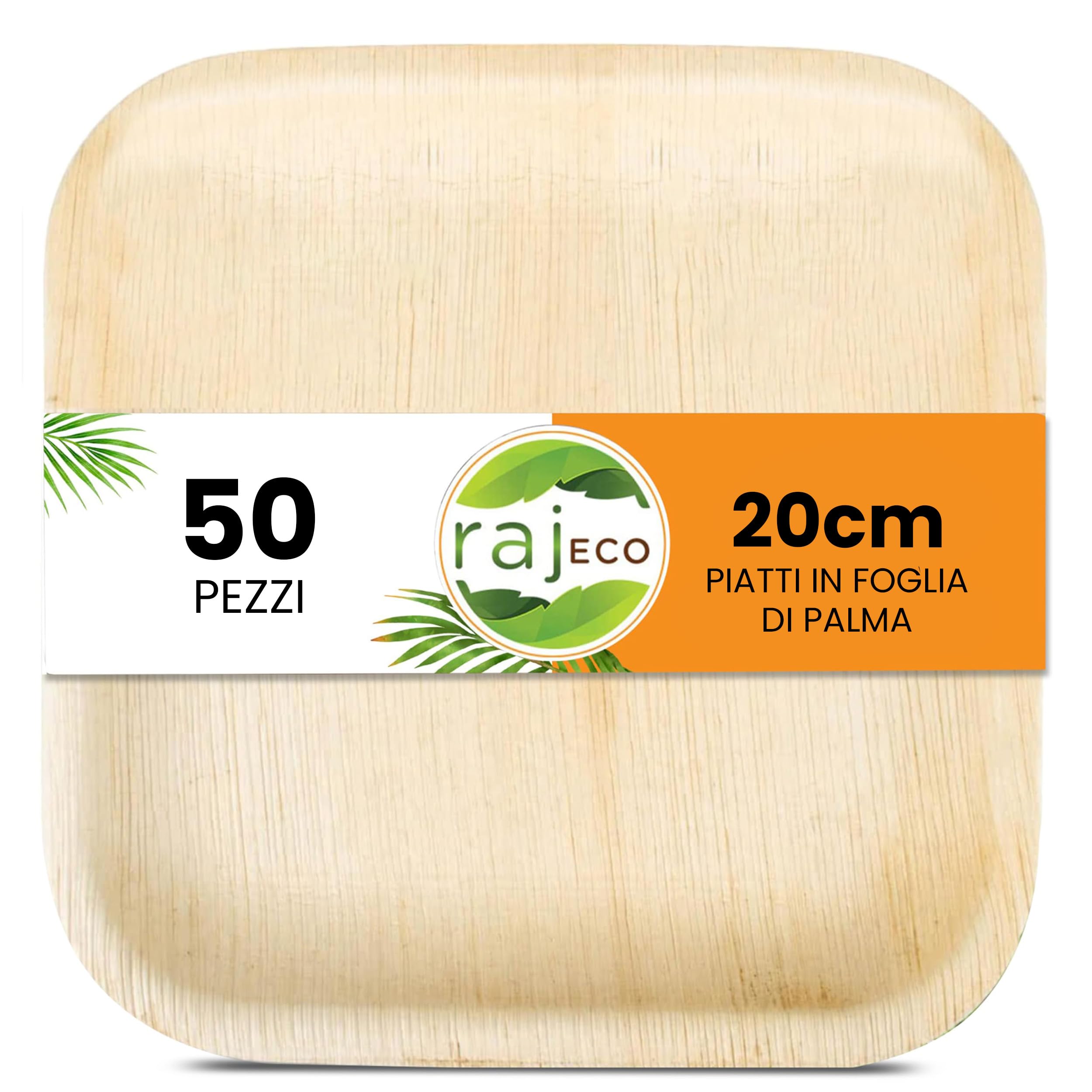 Raj - Piatti quadrati in foglia di palma, 8in / 20 cm, confezione da 50